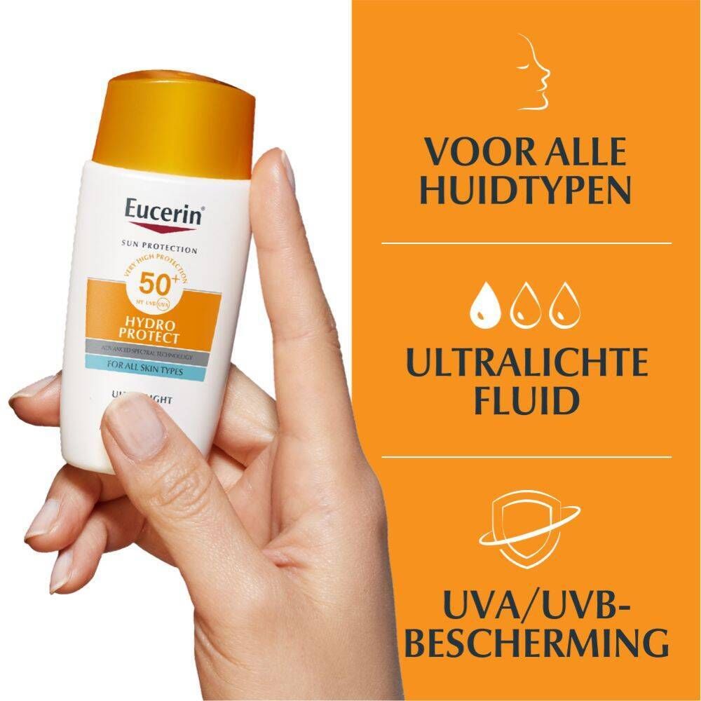 Hand houdt Eucerin Sun Face Hydro Protect Fluid vast. Flesje met oranje dop, tekst en SPF 50+.