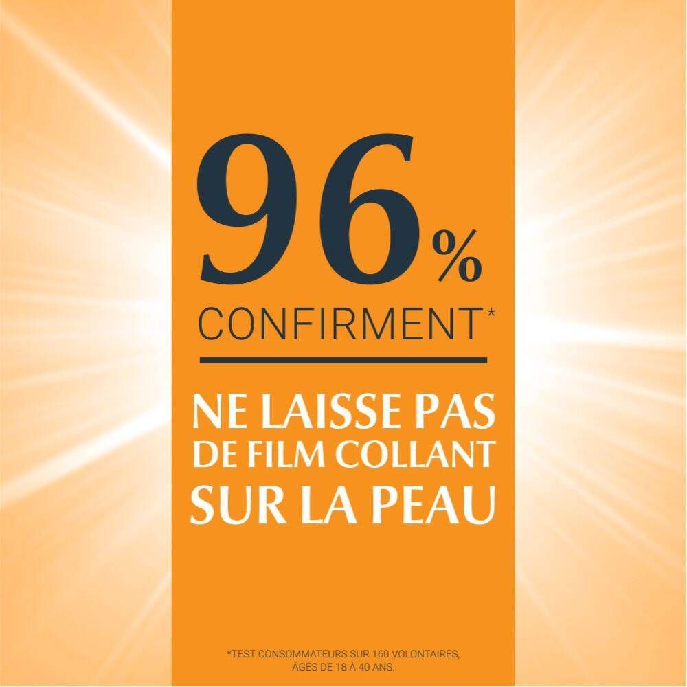 96% confirment : ne laisse pas de film collant sur la peau. Texte sur fond orange.