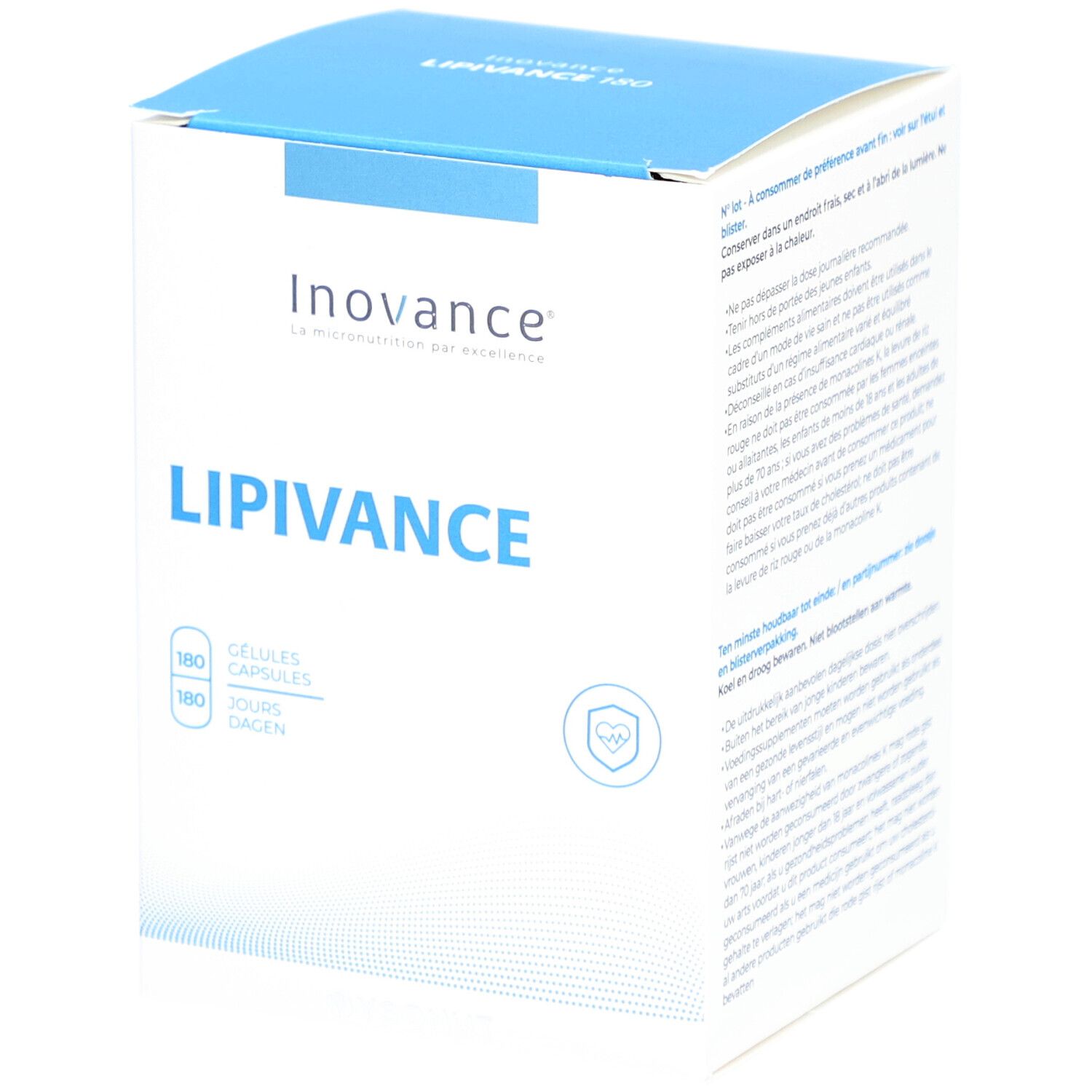 Boîte blanche et bleue. Inovance Lipivance. 180 gélules, 180 jours. Logo cœur.
