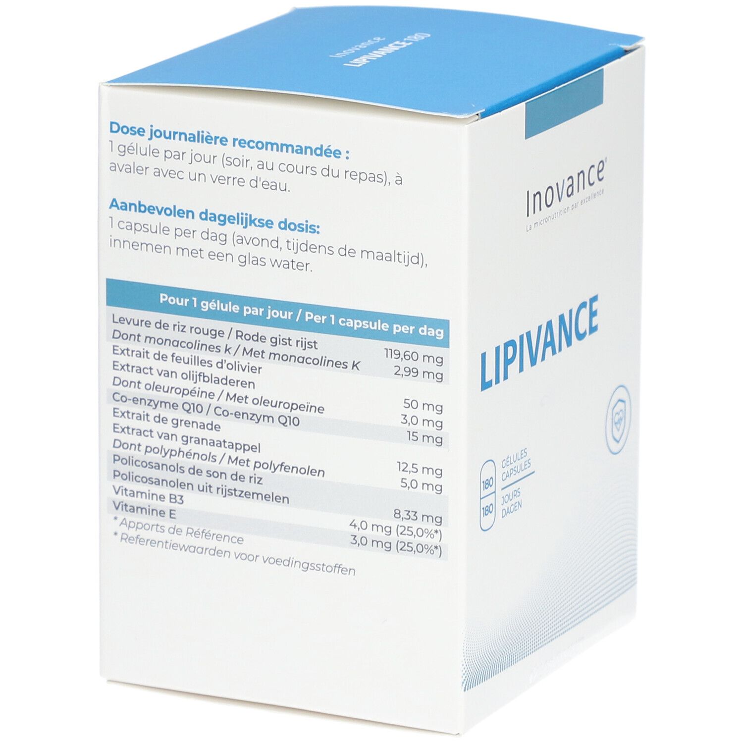 Boîte blanche. Ingrédients, informations nutritionnelles, Lipivance. 180 gélules.