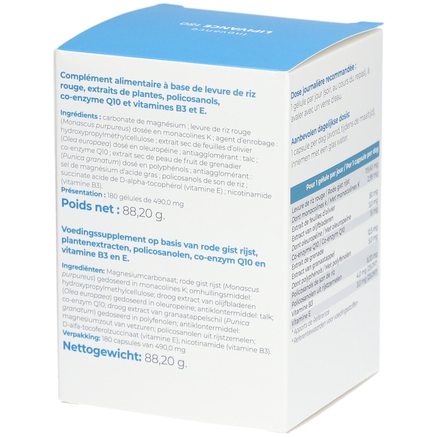Boîte blanche. Ingrédients, informations nutritionnelles, Lipivance. Poids net: 88,20 g.