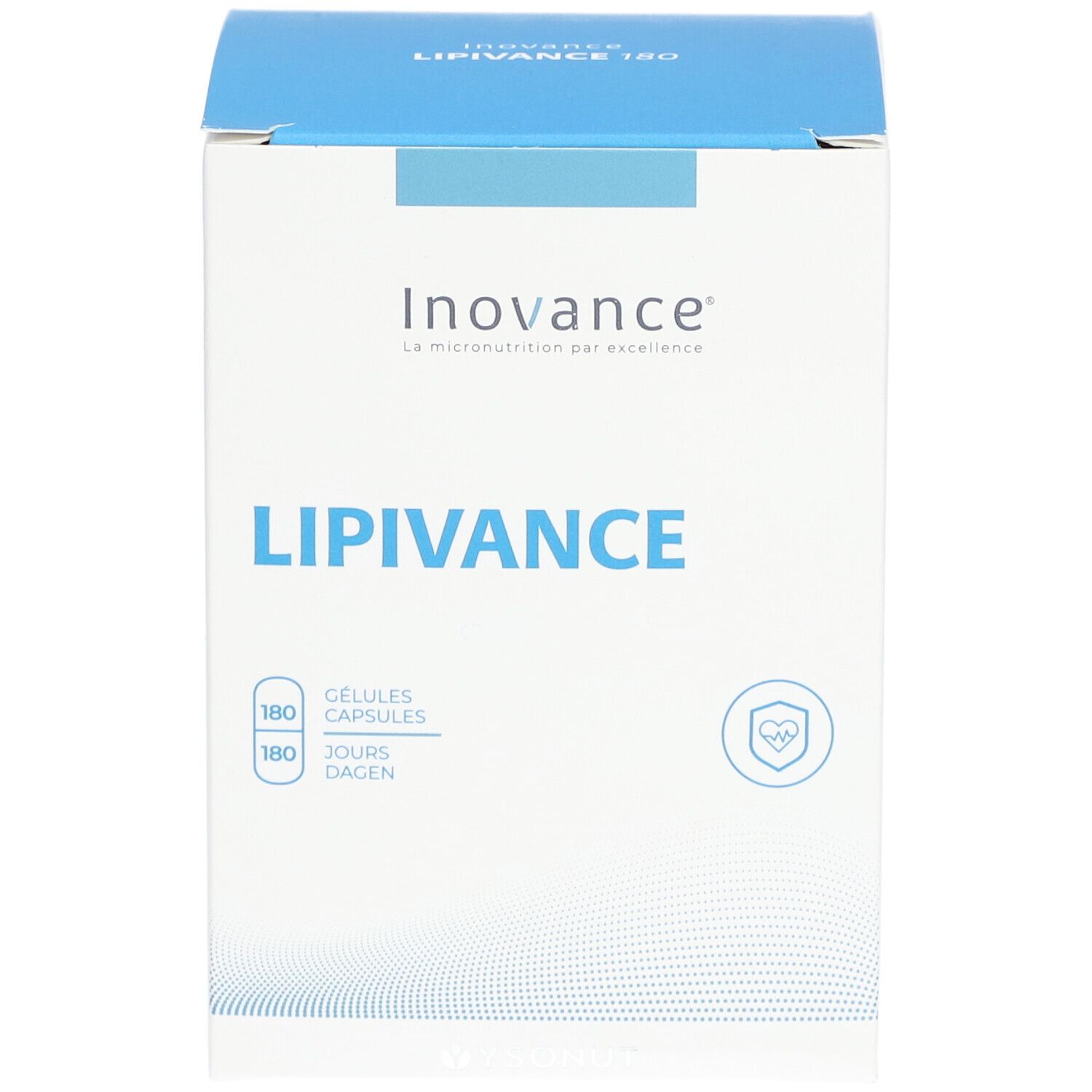 Boîte blanche et bleue. Inovance Lipivance. 180 gélules, 180 jours. Logo cœur.