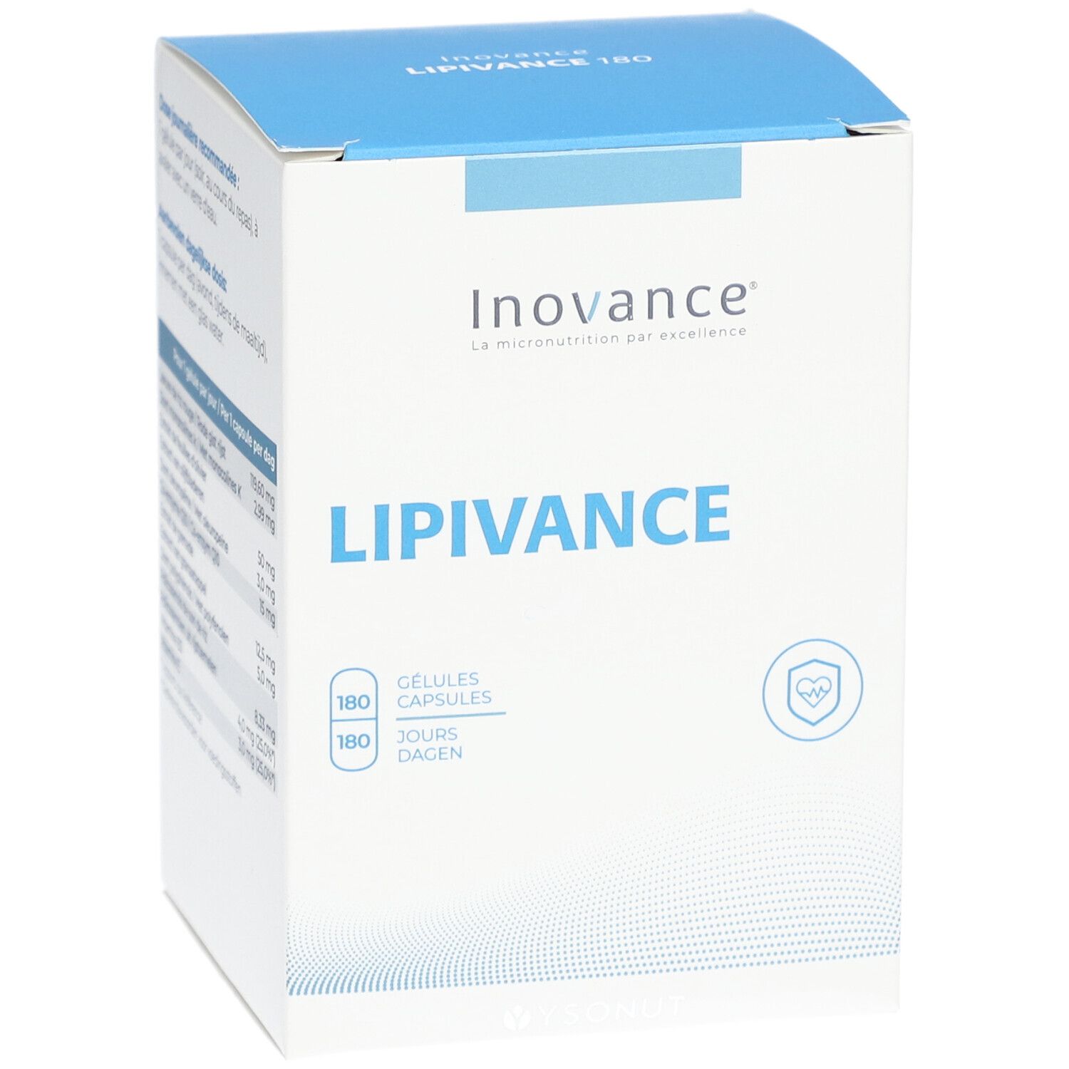 Boîte blanche et bleue. Inovance Lipivance. 180 gélules, 180 jours. Logo cœur.