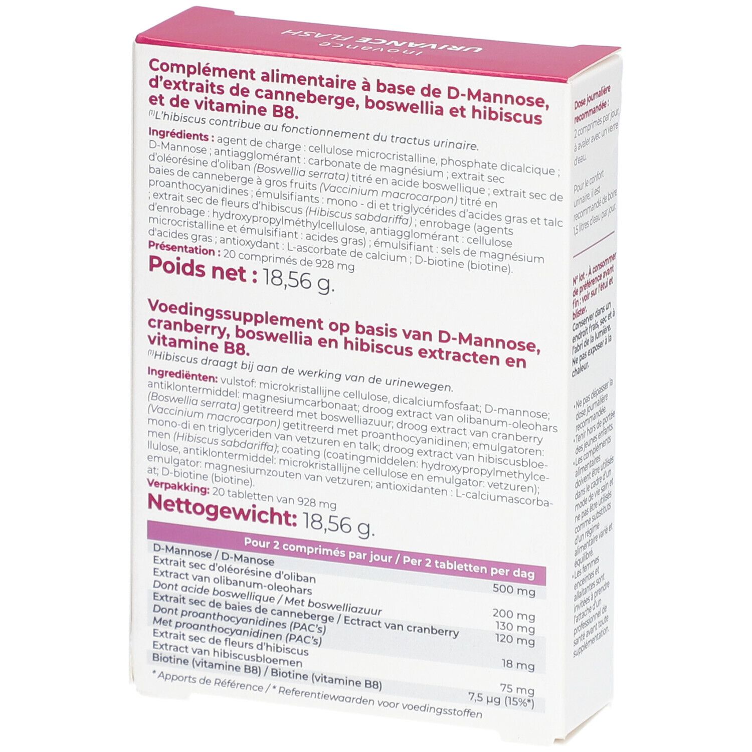 Dos de l'emballage. Texte en français et néerlandais. Ingrédients et informations nutritionnelles. Poids net: 18,56 g.