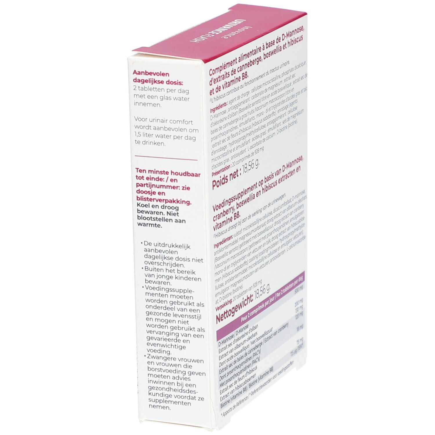 Emballage en biais. Texte en français et néerlandais. Instructions de dosage. Poids net: 18,56 g.
