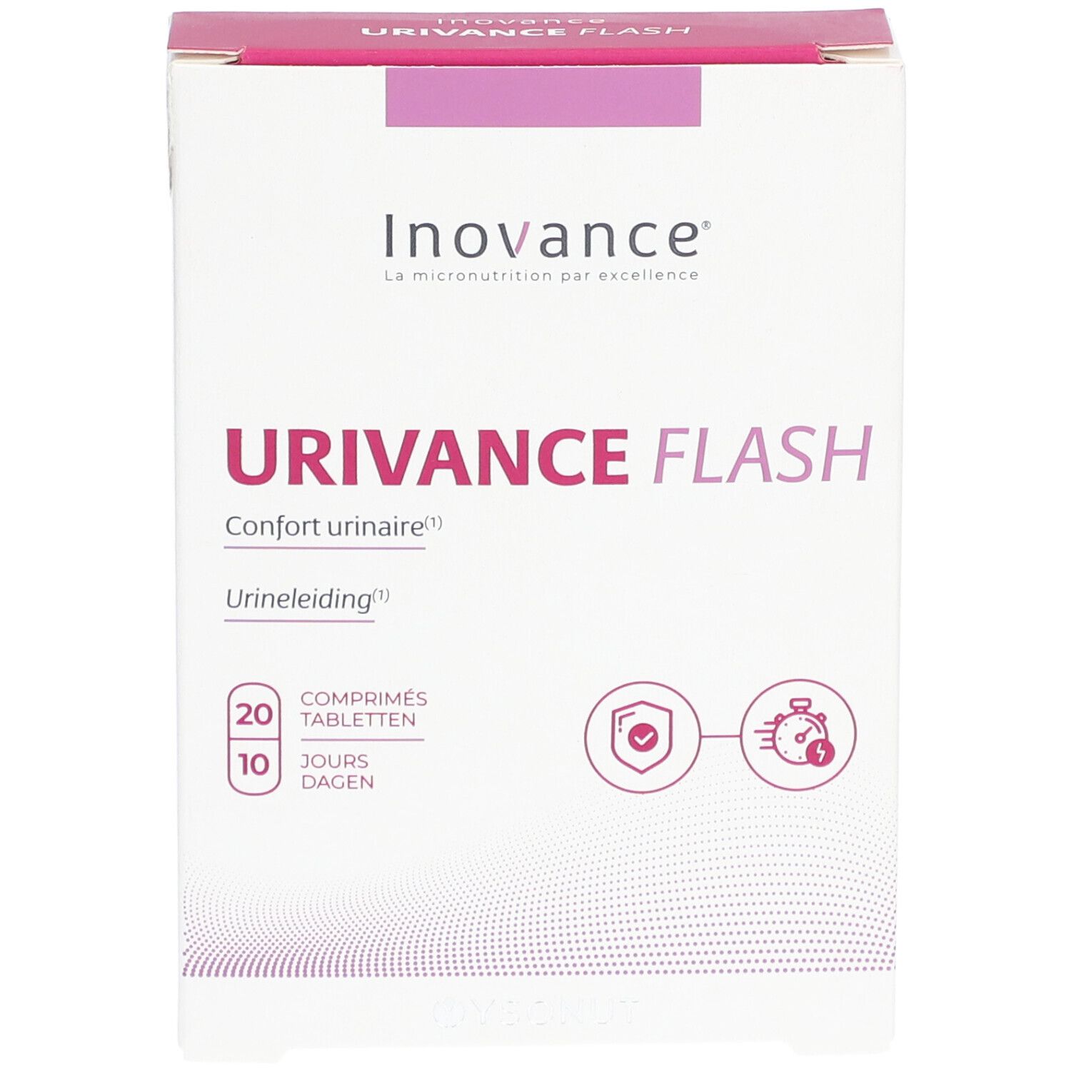 Boîte blanche et rose. Inscription: Urivance Flash, 20 comprimés, 10 jours. Marque: Inovance.