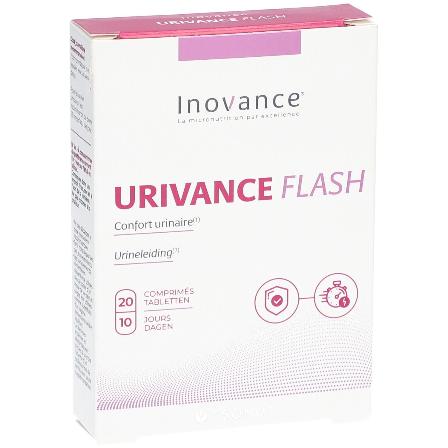 Boîte blanche et rose. Inscription: Urivance Flash, 20 comprimés, 10 jours. Marque: Inovance.