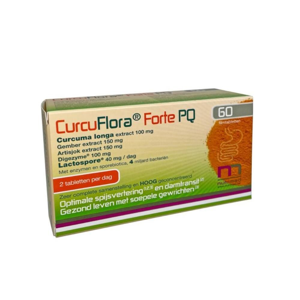 Doosje NUTRIMED CurcuFlora® Forte PQ. Voorkant met ingrediënten. Bevat 60 tabletten. Opschrift: Curcuma longa, Gember, Artisjok, Digezyme, Lactospore.