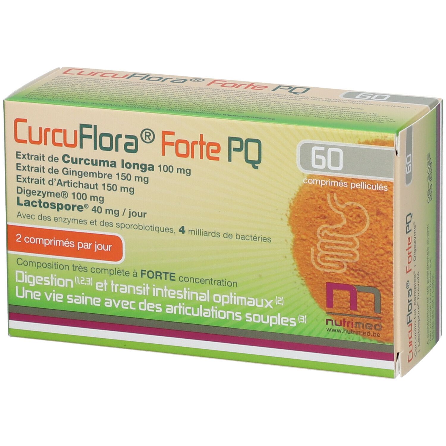 Doosje NUTRIMED CurcuFlora® Forte PQ. Bevat 60 tabletten. Opschrift: Curcuma longa, Gember, Artisjok, Digezyme, Lactospore.