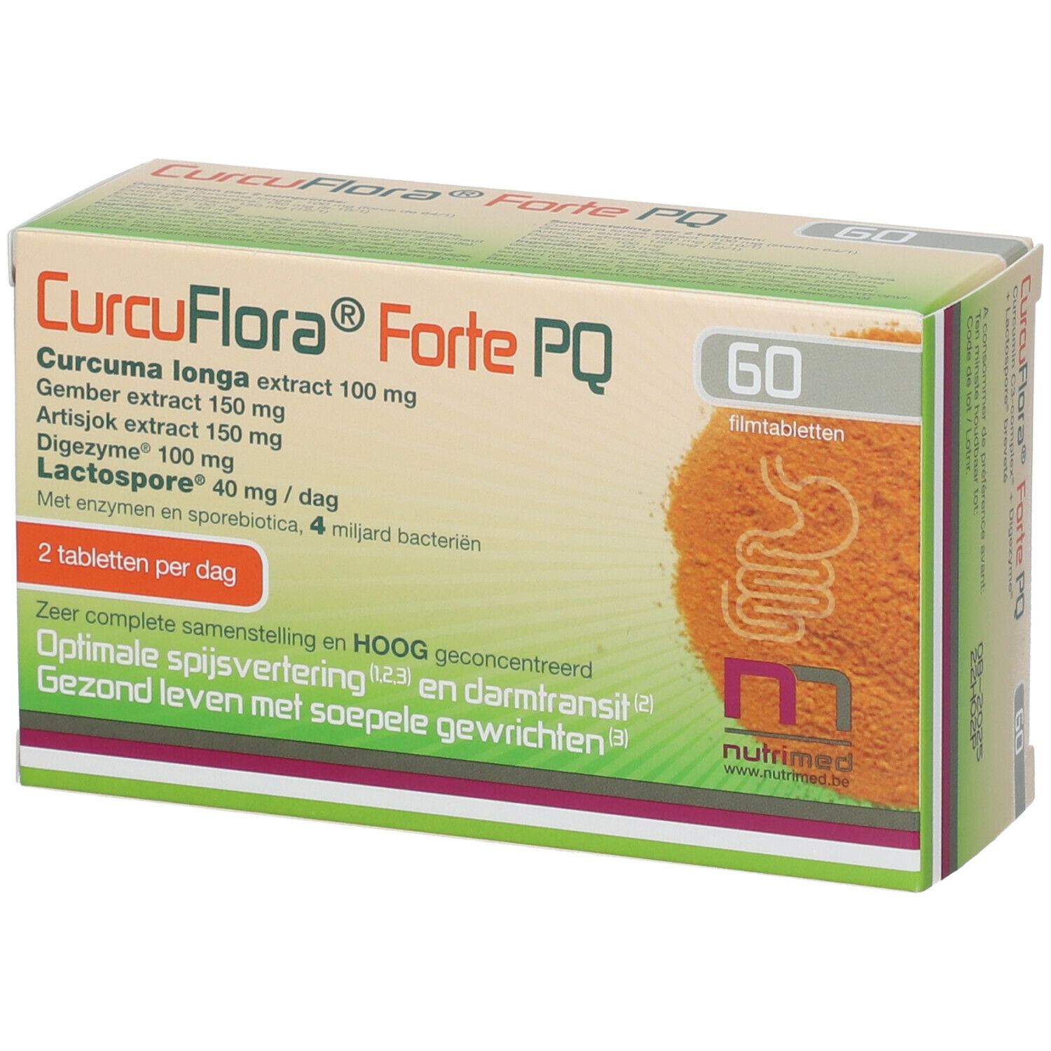 Doosje NUTRIMED CurcuFlora® Forte PQ. Bevat 60 tabletten. Opschrift: Curcuma longa, Gember, Artisjok, Digezyme, Lactospore.