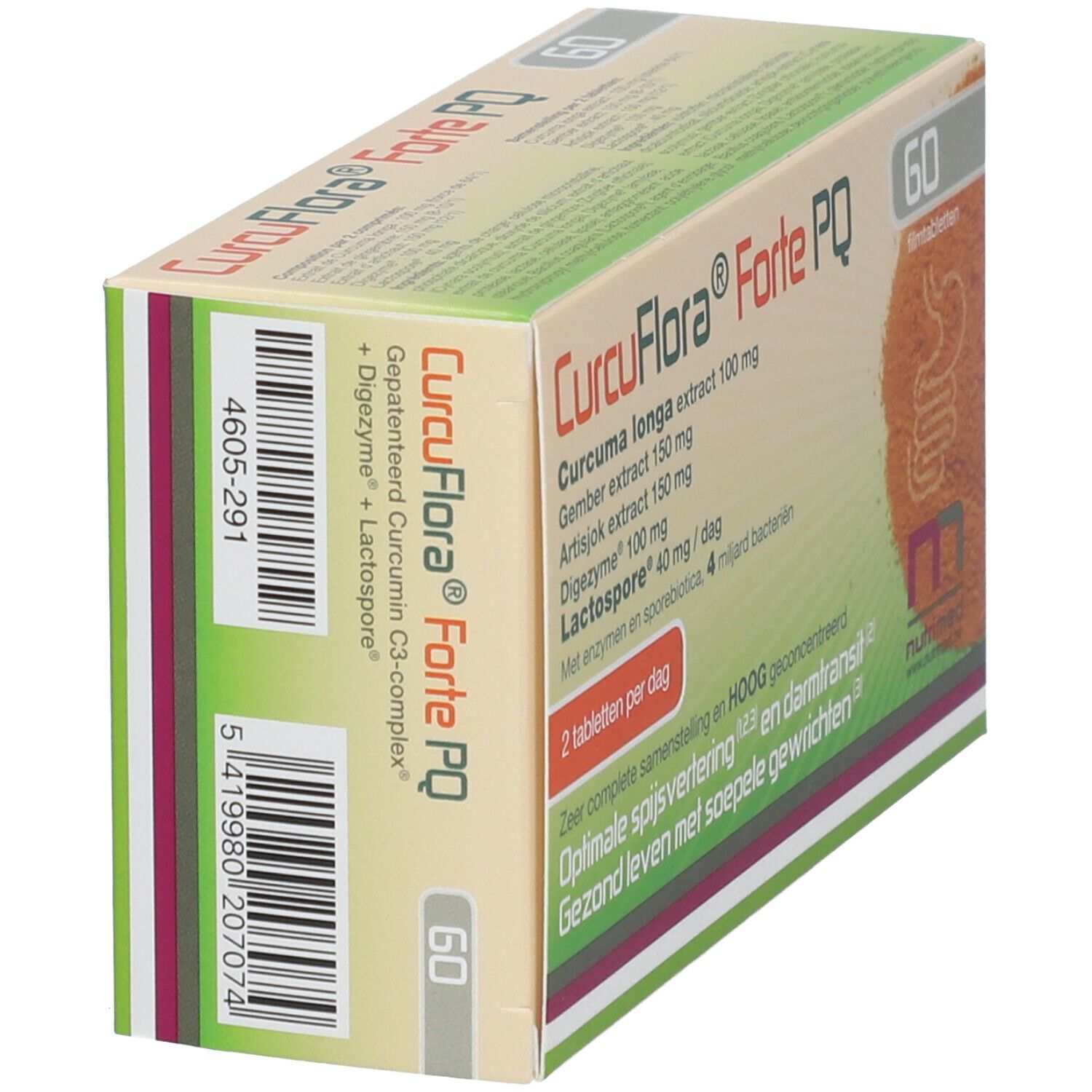 Doosje NUTRIMED CurcuFlora® Forte PQ. Achterkant met ingrediënten en barcode. Bevat 60 tabletten. Opschrift: Curcuma longa, Gember, Artisjok.