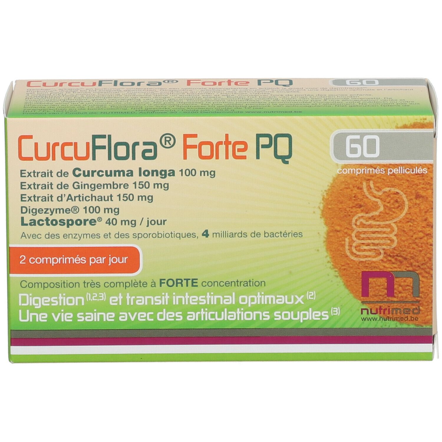 Doosje NUTRIMED CurcuFlora® Forte PQ. Bevat 60 tabletten. Opschrift: Curcuma longa, Gember, Artisjok, Digezyme, Lactospore.