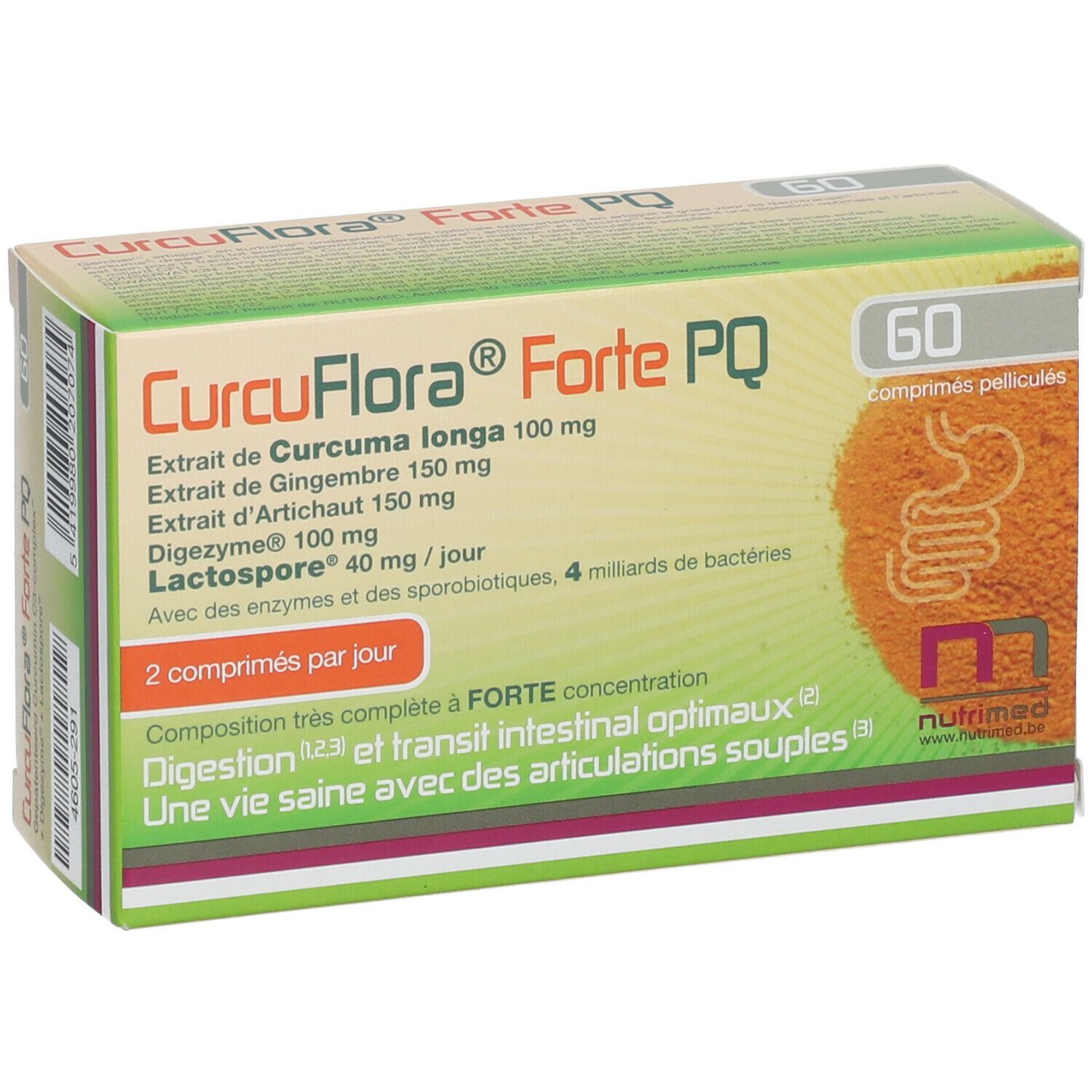 Doosje NUTRIMED CurcuFlora® Forte PQ. Bevat 60 tabletten. Opschrift: Curcuma longa, Gember, Artisjok, Digezyme, Lactospore.