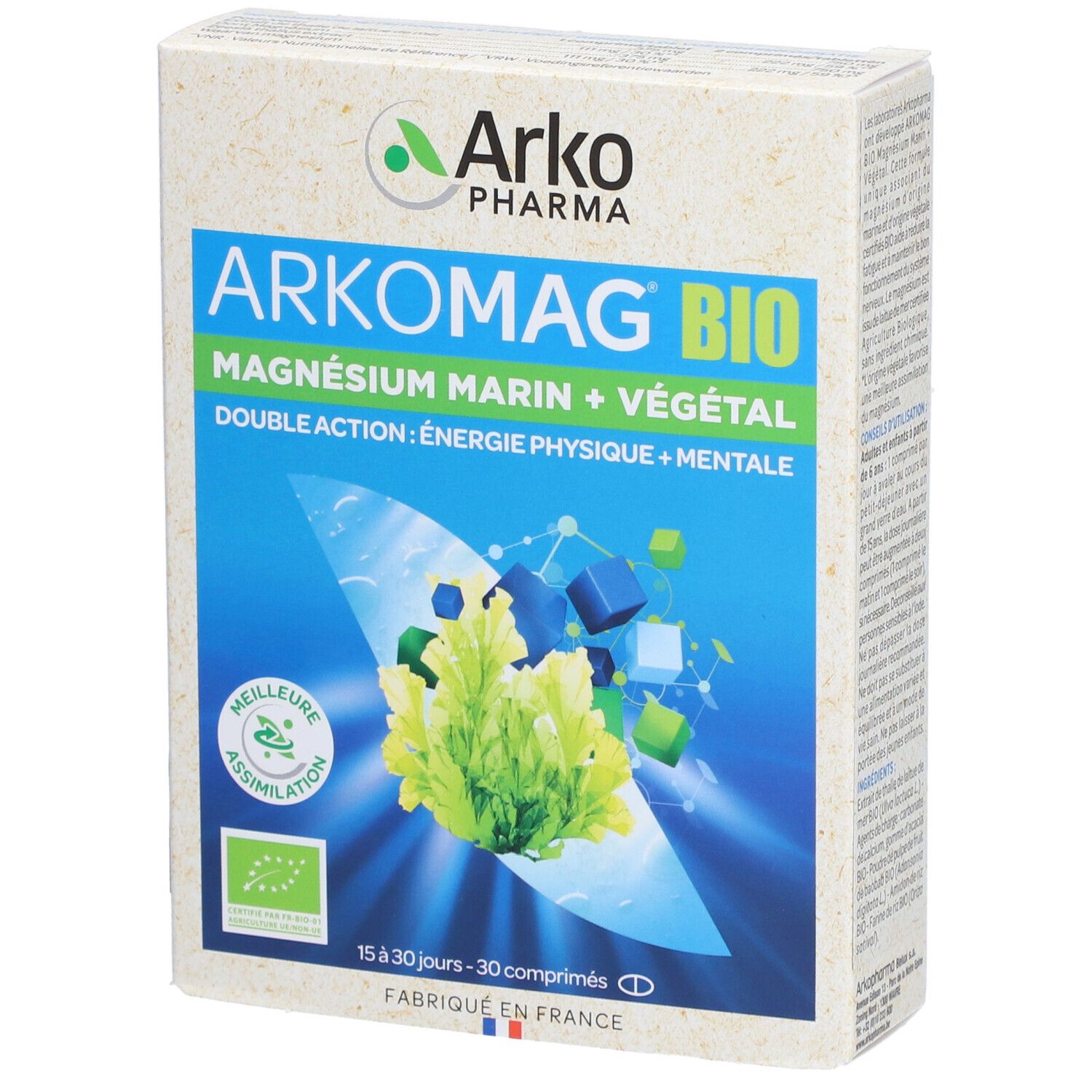 Boîte de Arkomag Bio. Inscription: Magnésium Marin + Végétal. Double action: Énergie physique + mentale. Avec label bio.