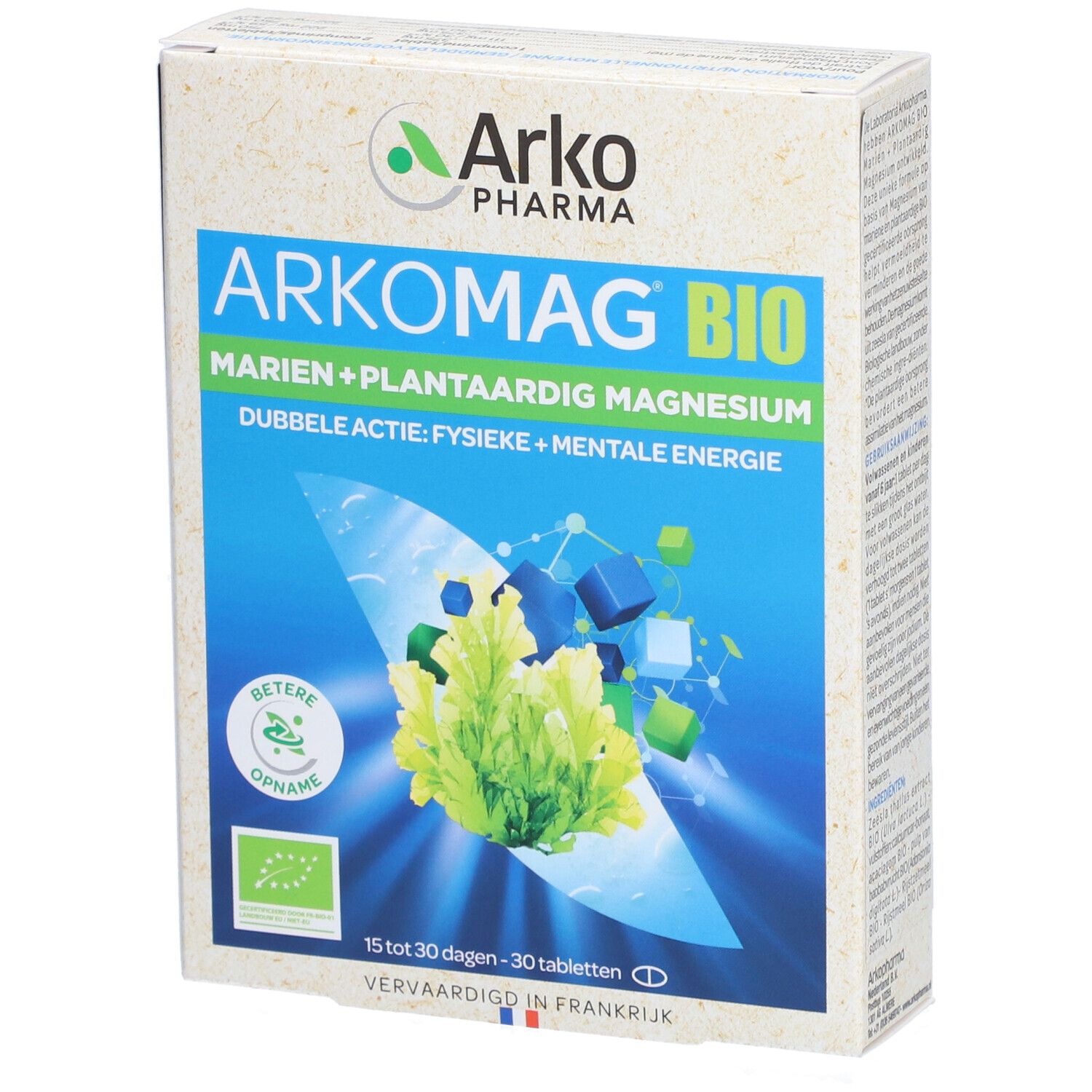 Boîte Arkomag Bio. Inscription: Marien + Plantaardig Magnesium. Double action: Énergie physique + mentale. Avec label bio.