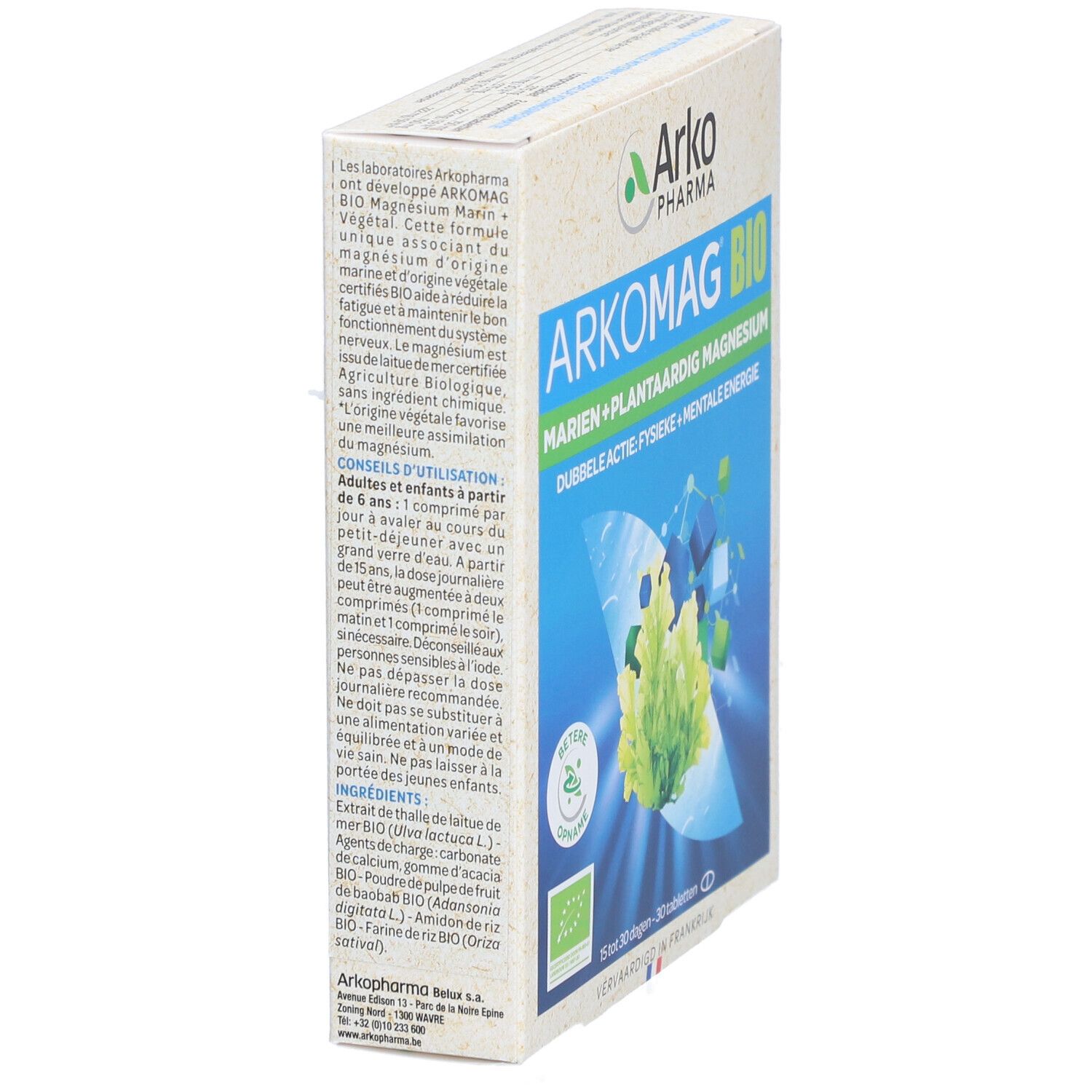 Boîte Arkomag Bio. Inscription: Marien + Plantaardig Magnesium. Double action: Énergie physique + mentale. Avec label bio. Vue latérale.