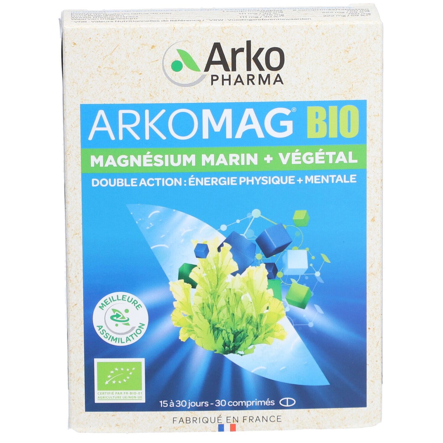 Boîte de Arkomag Bio. Inscription: Magnésium Marin + Végétal. Double action: Énergie physique + mentale. Avec label bio.