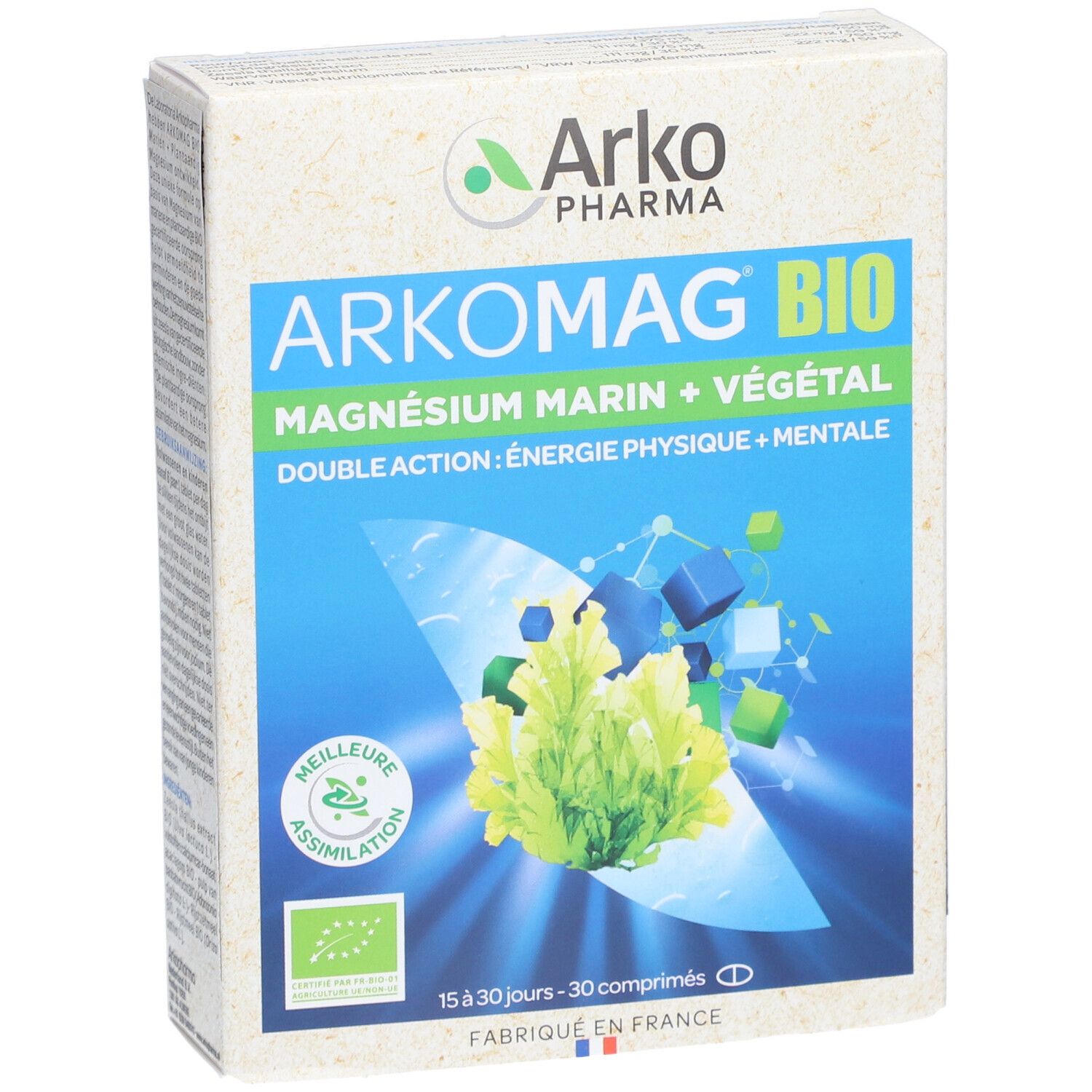 Boîte de Arkomag Bio. Inscription: Magnésium Marin + Végétal. Double action: Énergie physique + mentale. Avec label bio.