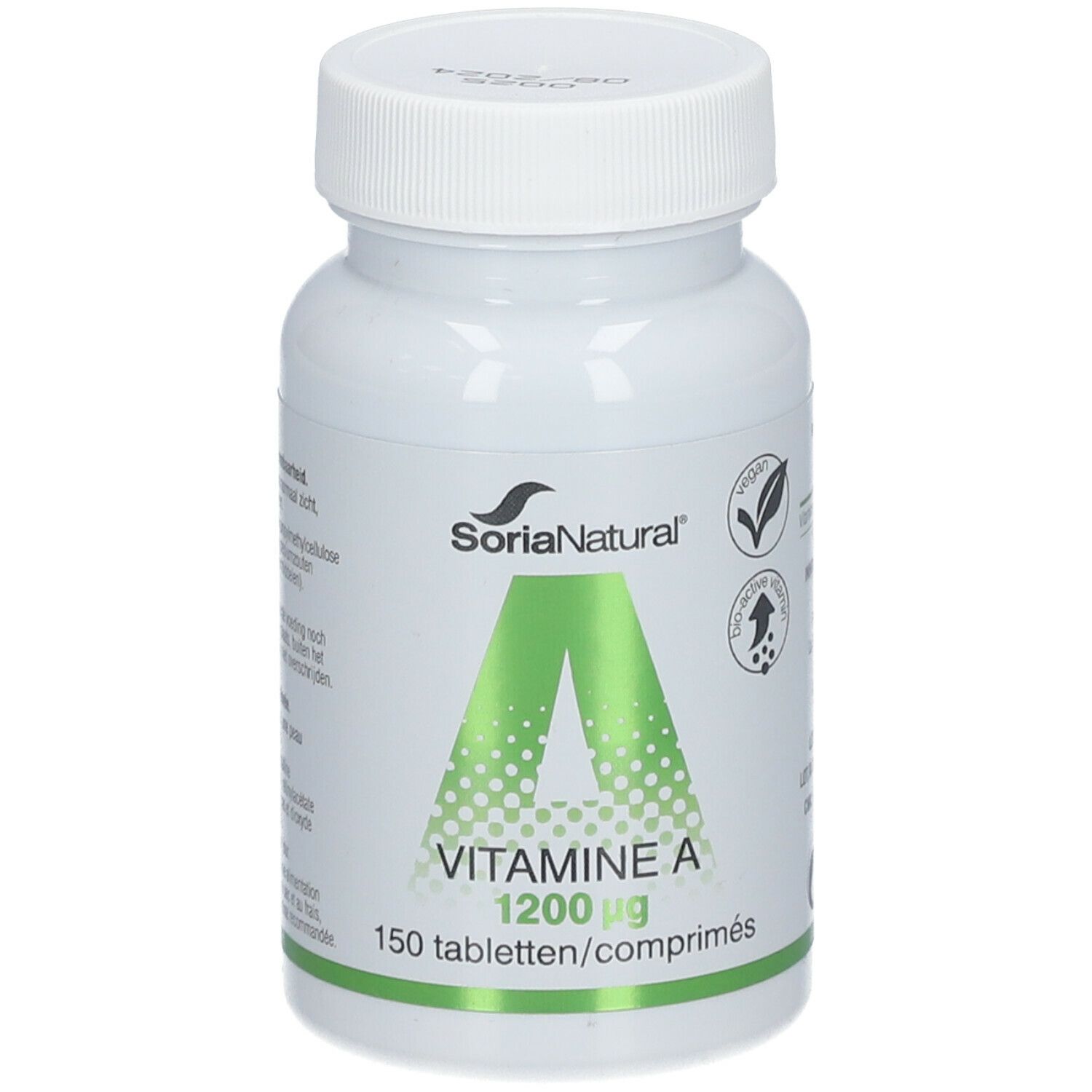 Flacon blanc avec étiquette verte. Contient de la vitamine A 1200 µg. Marque Soria Natural®. 150 comprimés.
