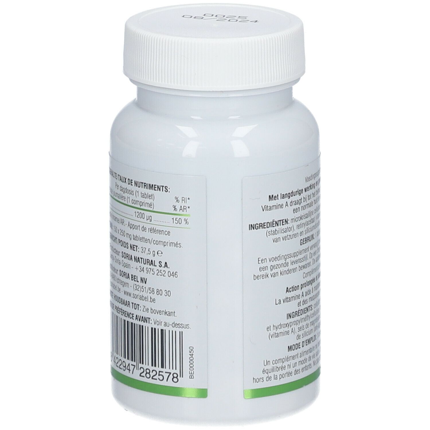 Dos du flacon blanc. Texte avec informations nutritionnelles et fabricant. 150 comprimés. Soria Natural®.