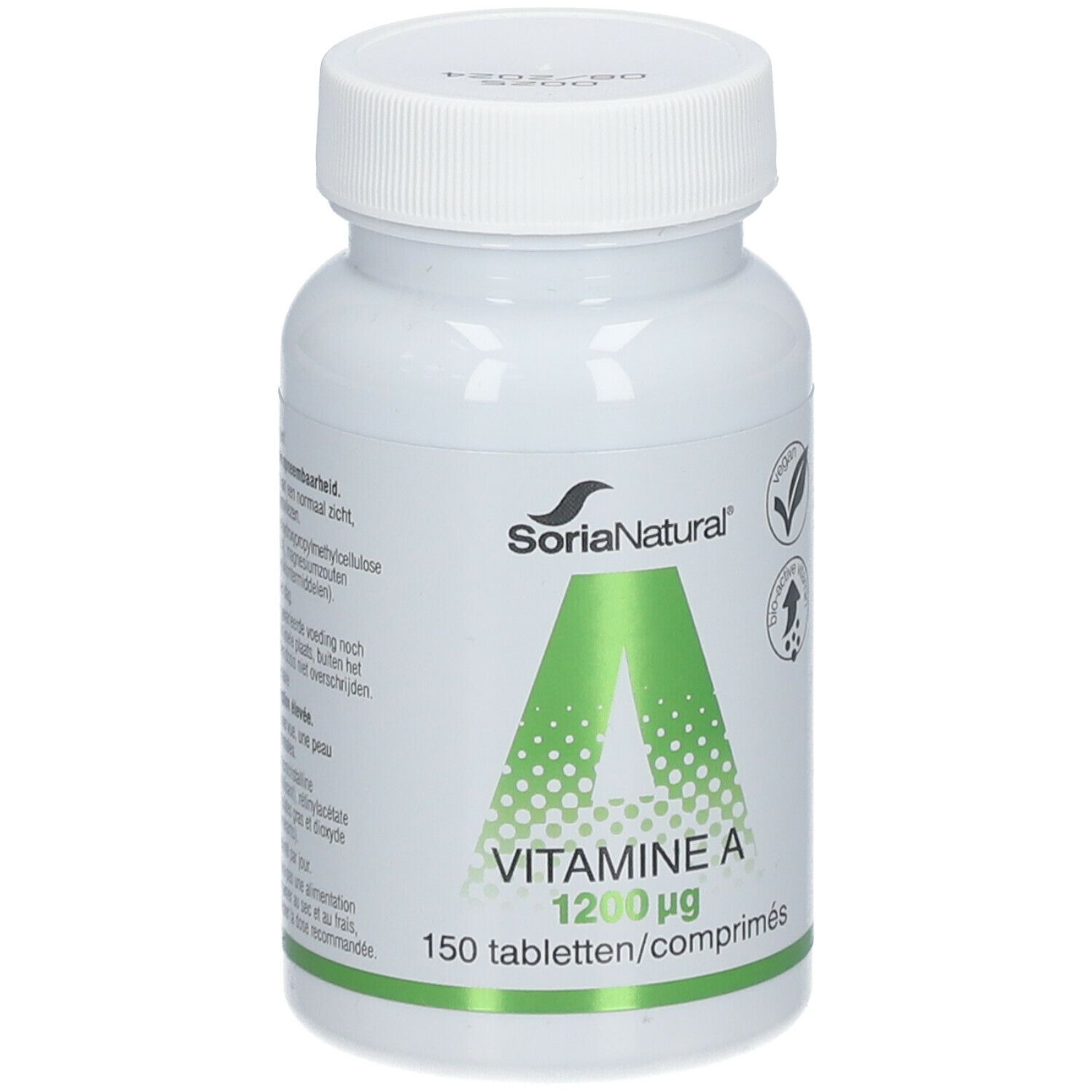 Flacon blanc avec étiquette verte. Contient de la vitamine A 1200 µg. Marque Soria Natural®. 150 comprimés.