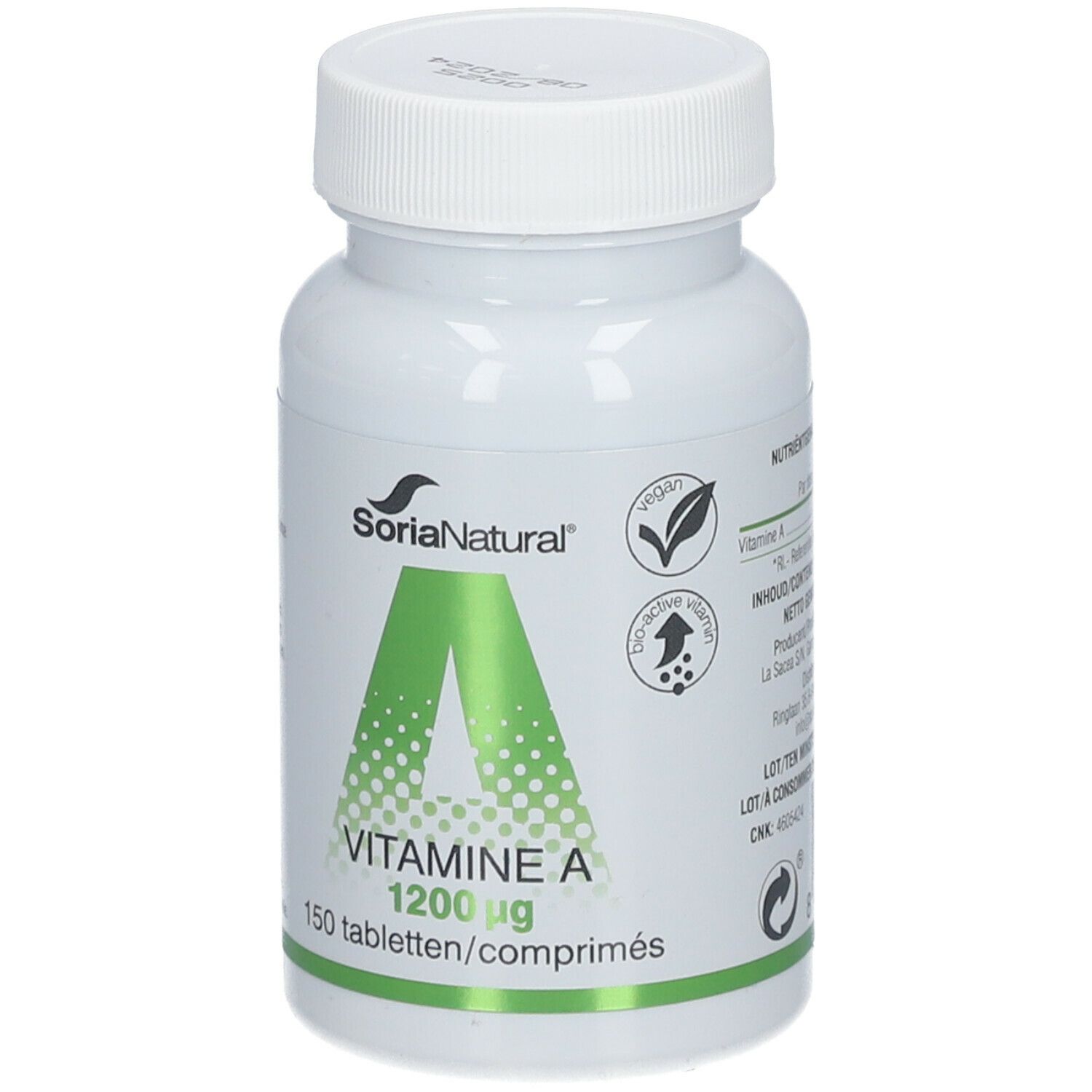 Flacon blanc avec étiquette verte. Contient de la vitamine A 1200 µg. Label vegan. 150 comprimés. Soria Natural®.