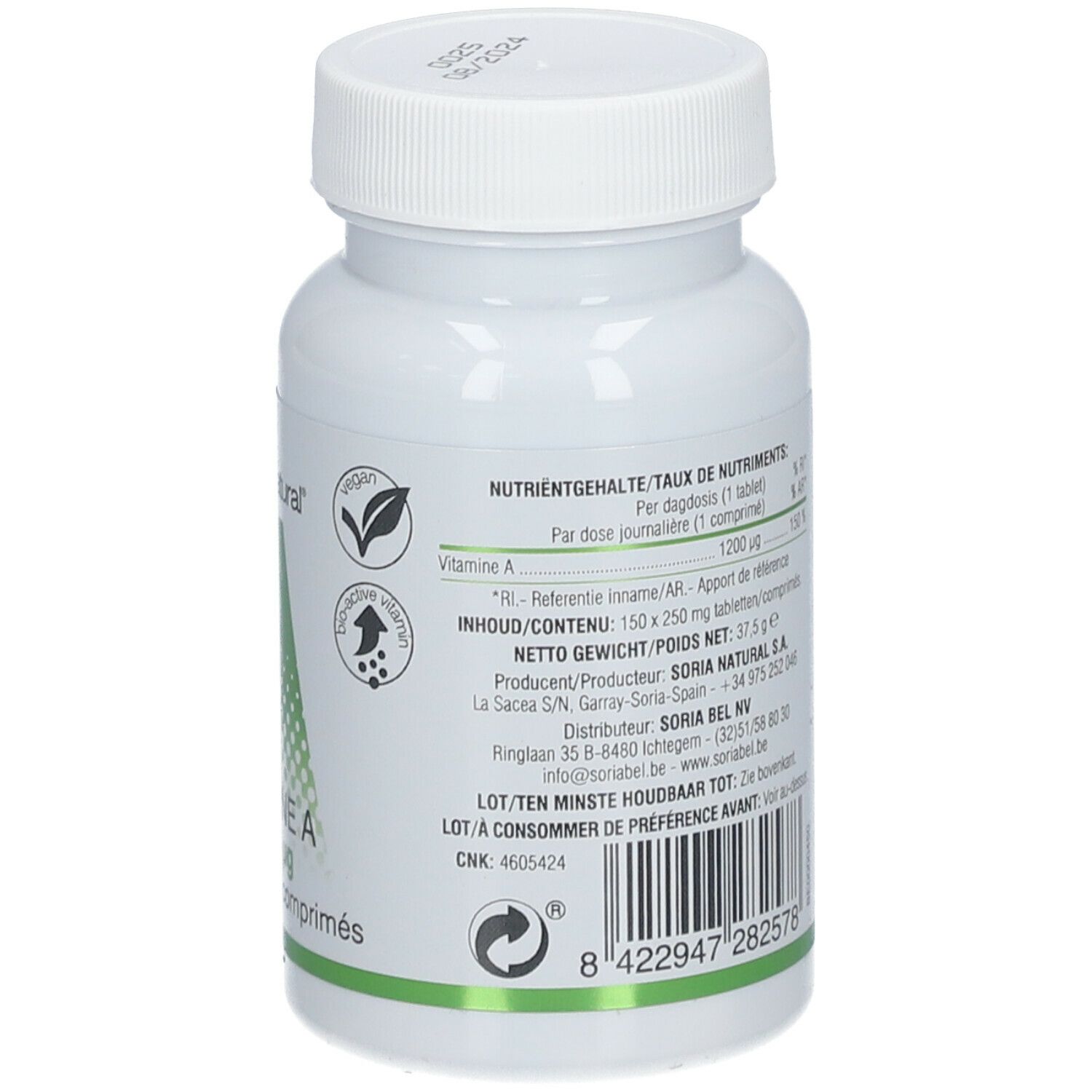 Dos du flacon blanc. Texte avec informations nutritionnelles, fabricant et label vegan. Soria Natural®.