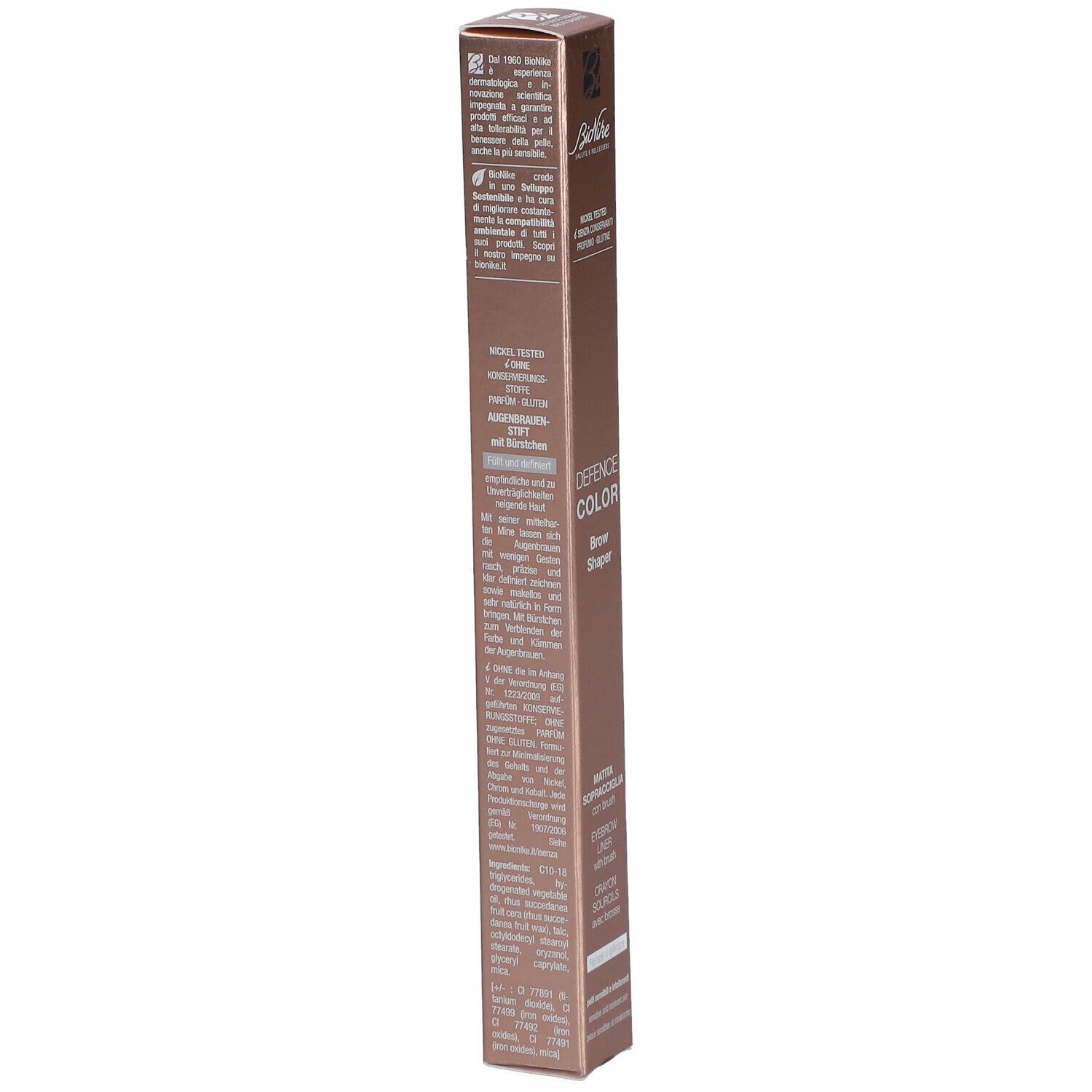 Emballage BioNike Defence Color Brow Shaper. Texte sur le côté. Logo FSC.