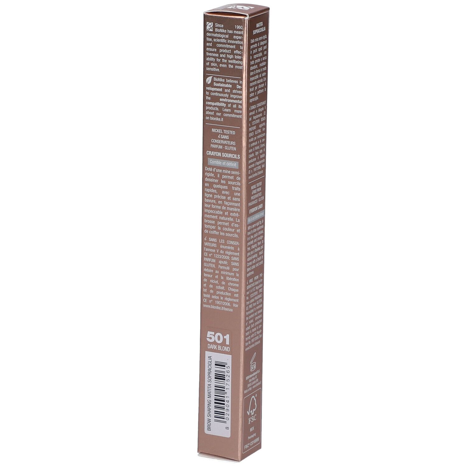 Emballage BioNike Defence Color Brow Shaper. Teinte 501 Blond foncé. Texte sur le côté.