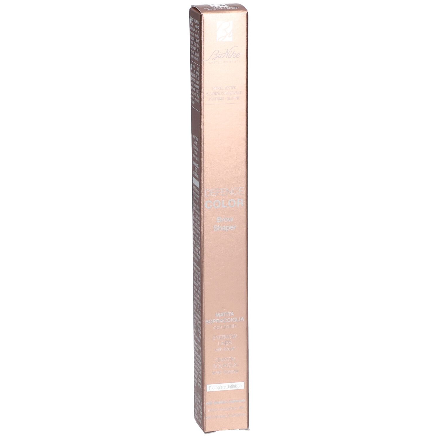 Emballage BioNike Defence Color Brow Shaper. Texte sur le côté. Logo FSC.