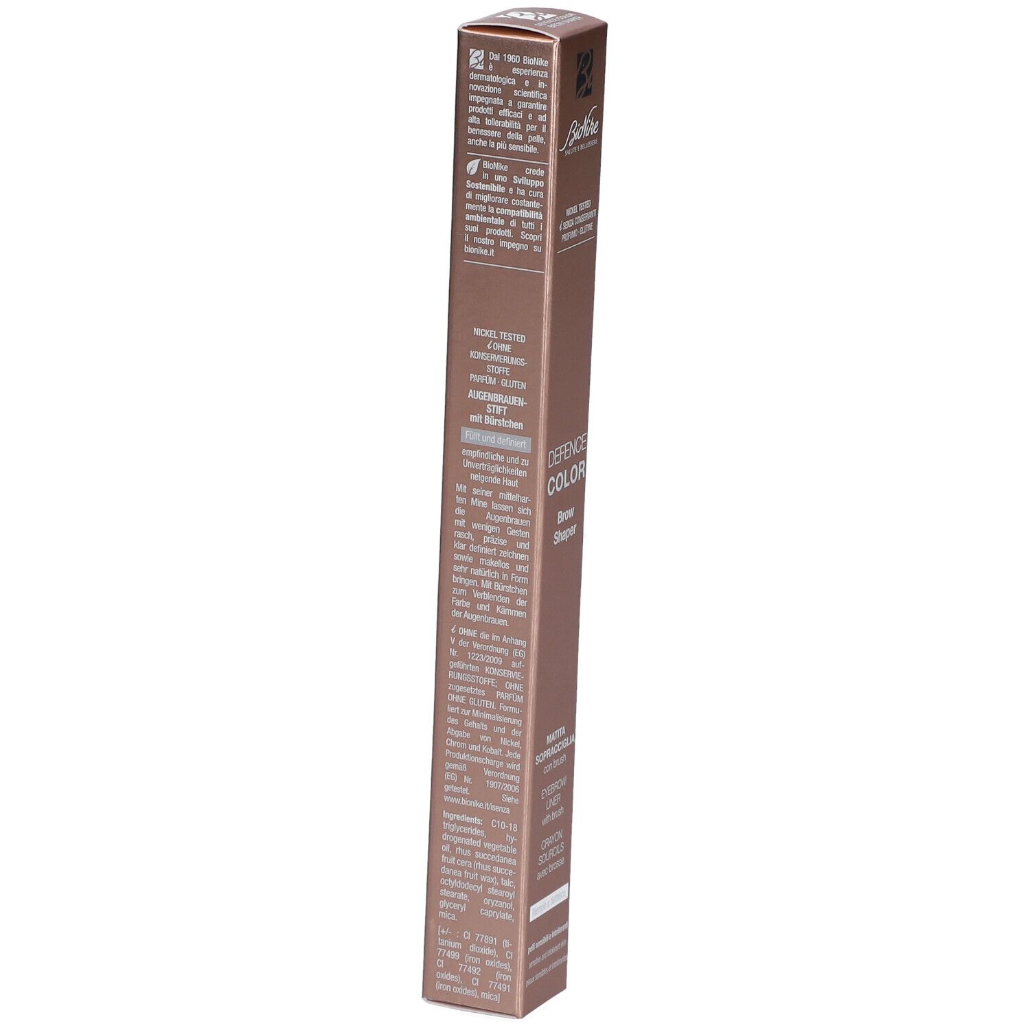 Rückseite der Verpackung des BioNike Defence Color Brow Shaper. Textinformationen in italienischer Sprache.