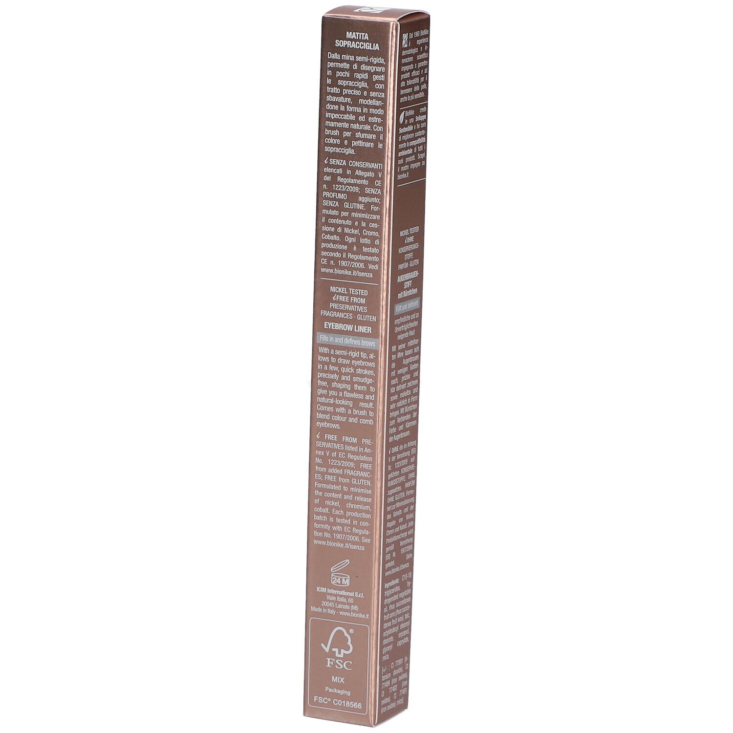 Rückseite der Verpackung des BioNike Defence Color Brow Shaper. Textinformationen in italienischer Sprache.