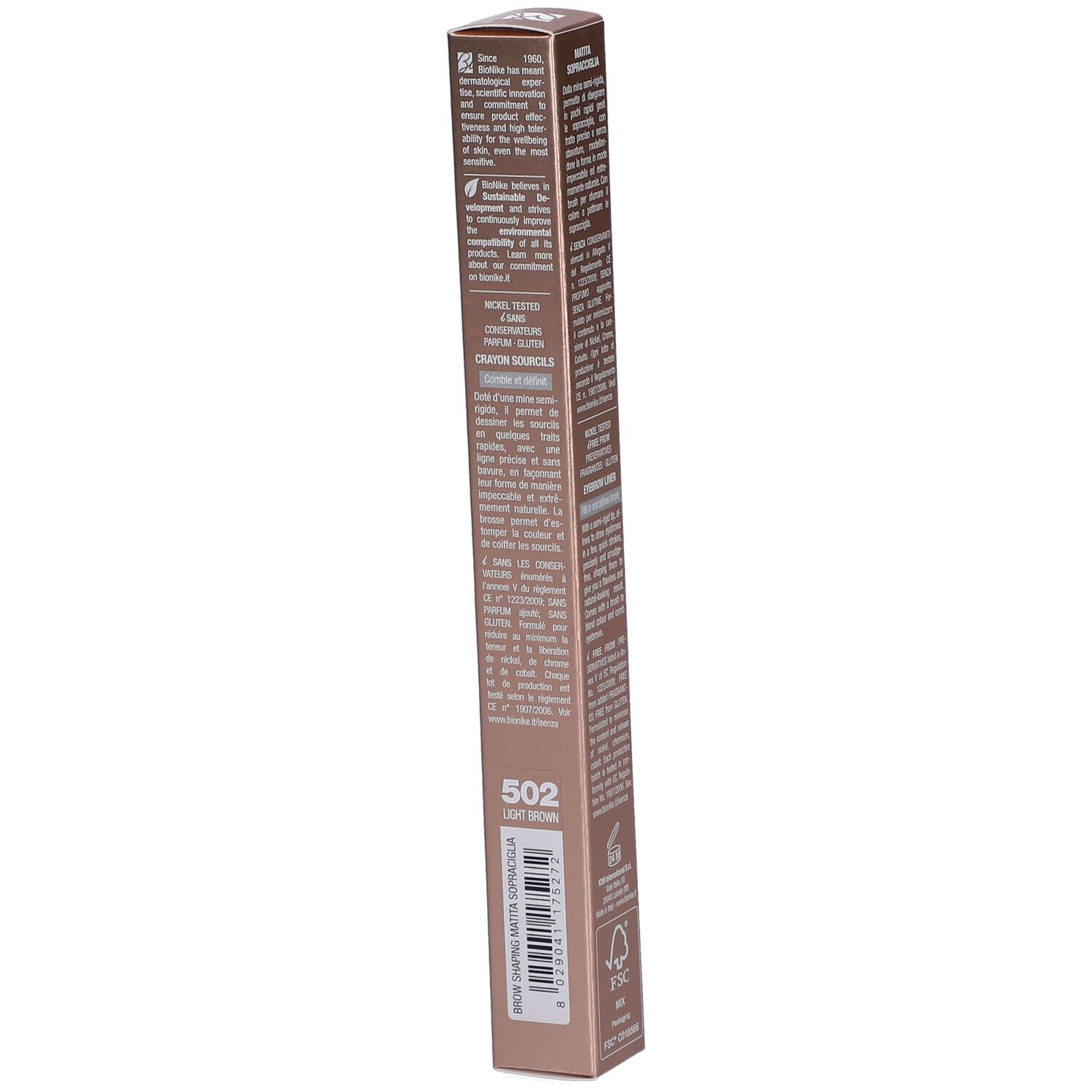 Rückseite der Verpackung des BioNike Defence Color Brow Shaper. Textinformationen in italienischer Sprache.