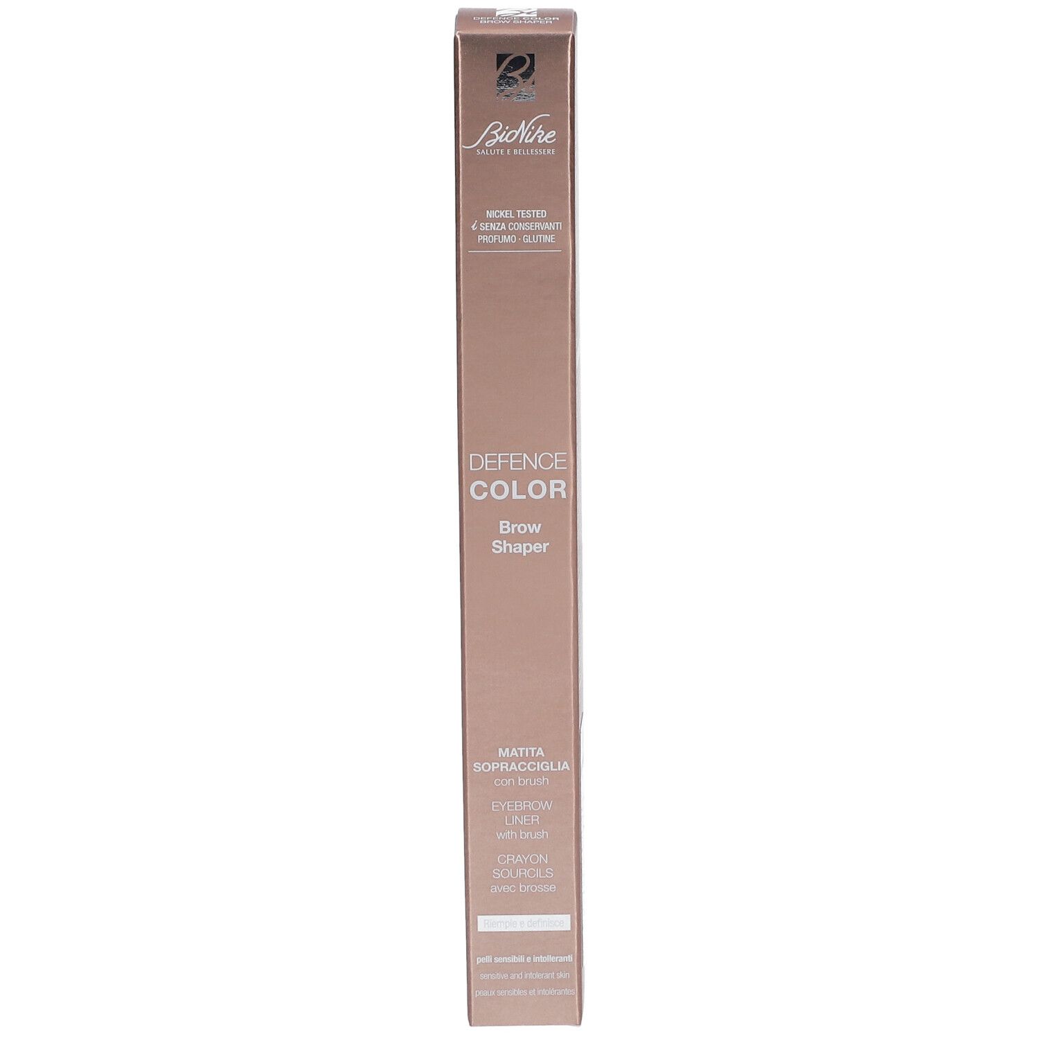 BioNike Defence Color Brow Shaper. Hellbraune Augenbrauenstift in Verpackung. Mit Produktnamen und Farbnummer 502.