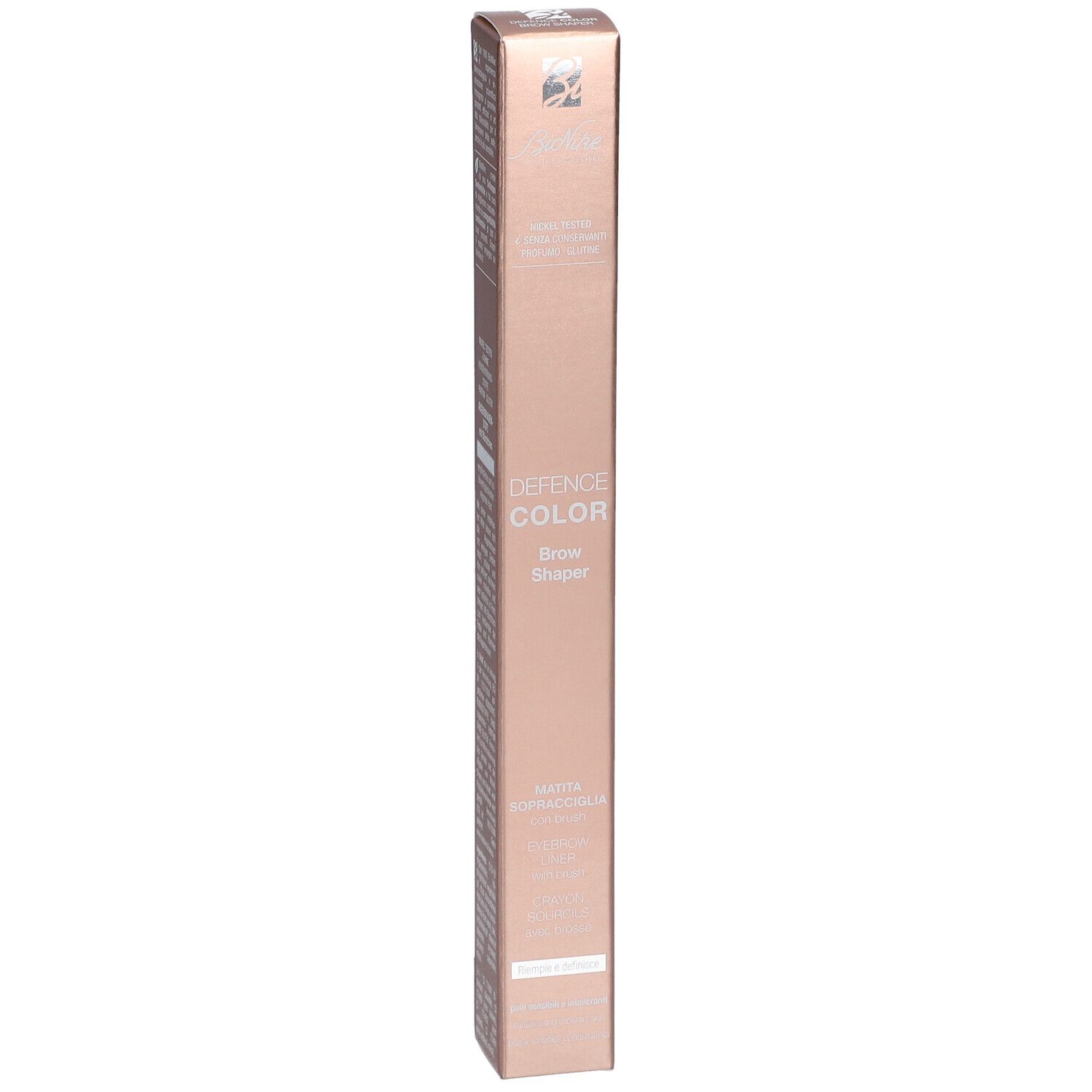 BioNike Defence Color Brow Shaper. Hellbraune Augenbrauenstift in Verpackung. Mit Produktnamen und Farbnummer 502.