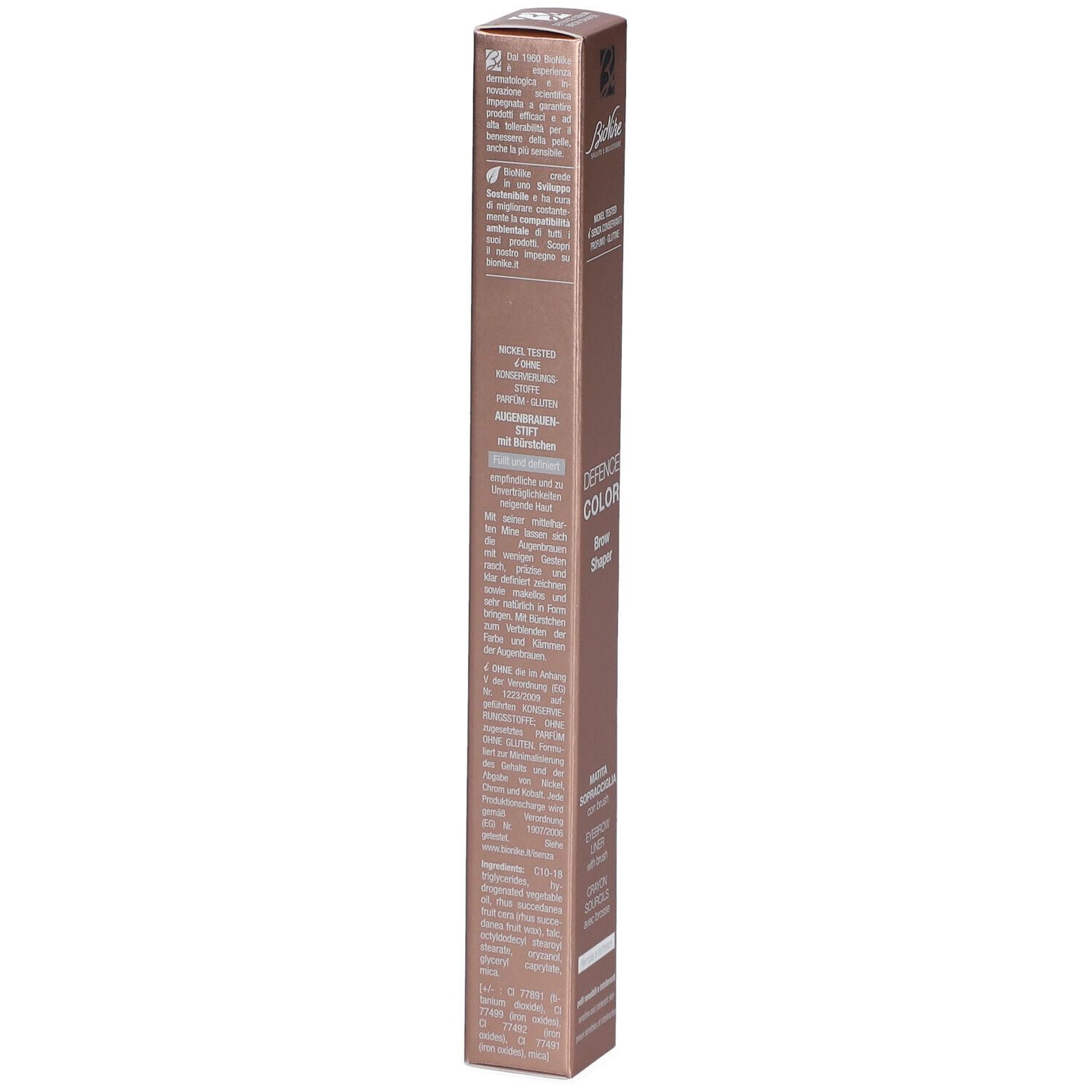BioNike Defence Color Brow Shaper Verpackung. Text auf der Seite. FSC-Siegel.