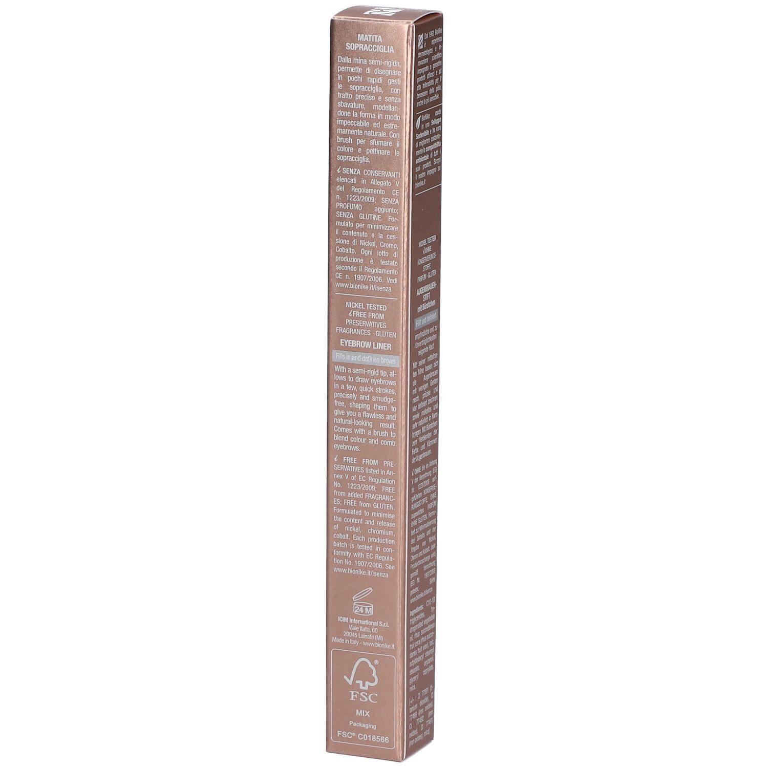 BioNike Defence Color Brow Shaper Verpackung. Text auf der Seite. FSC-Siegel.