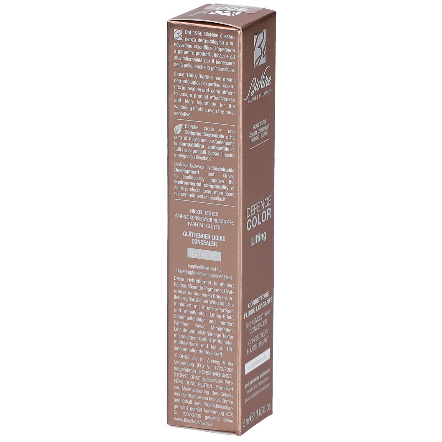 BioNike Defense Color Lifting Concealer 203 Sand. Verpakking met info, tekst en logo. 5 ml.