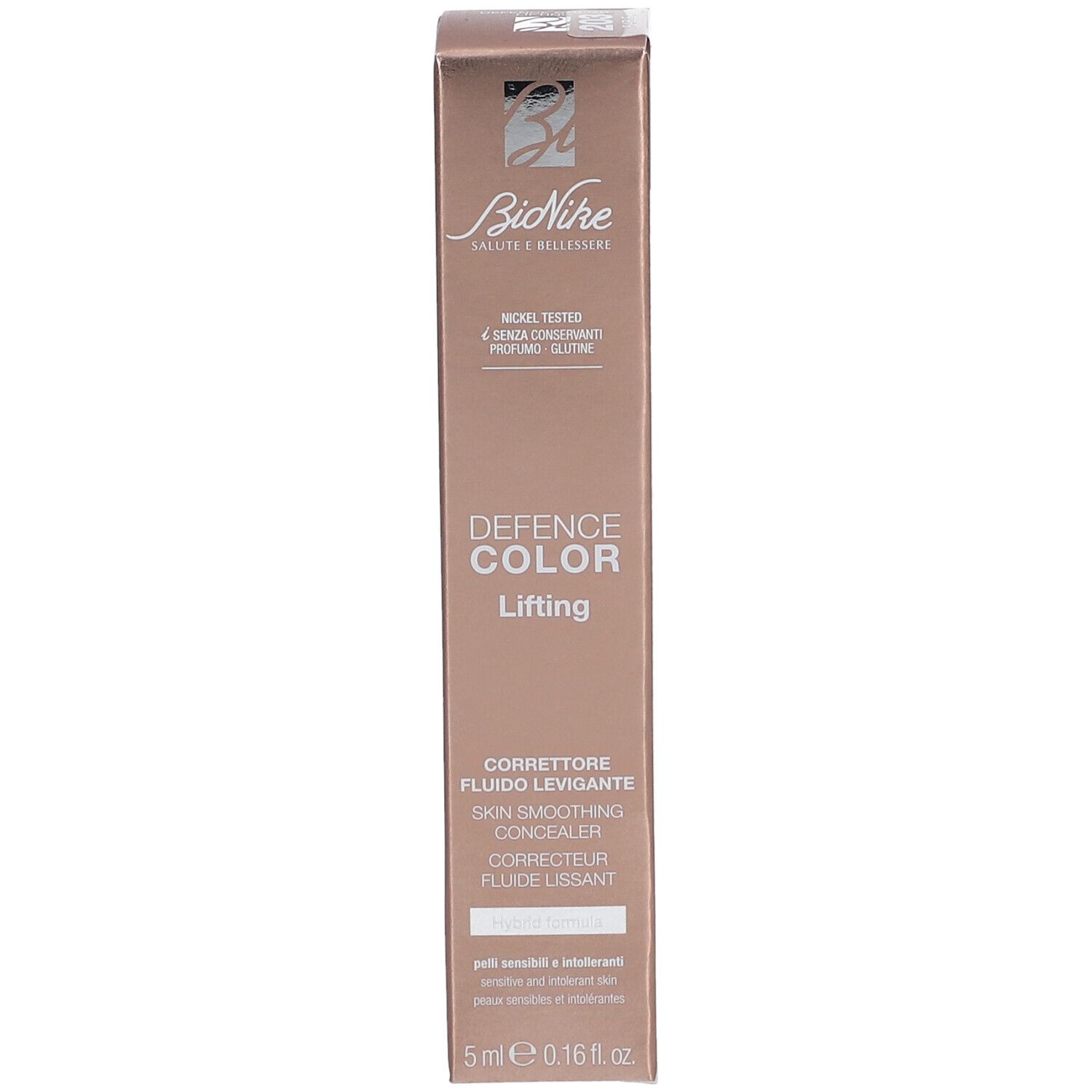 BioNike Defense Color Lifting Concealer 203 Sand. Verpakking met info, tekst en logo. 5 ml.