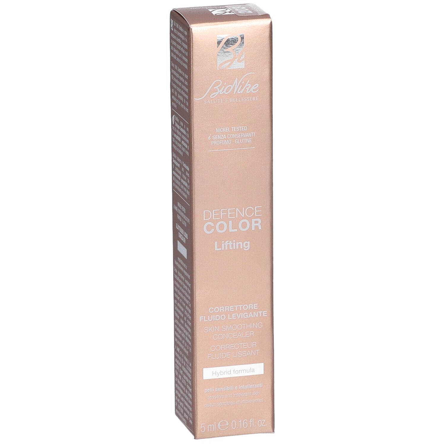 BioNike Defense Color Lifting Concealer 203 Sand. Verpakking met info, tekst en logo. 5 ml.