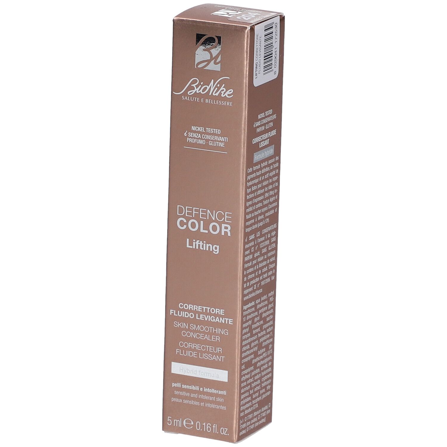 BioNike DEFENCE COLOR Lifting Lissant Flüssiger Concealer 204 BEIGE. Verpackung. Produktinformationen und Logo.
