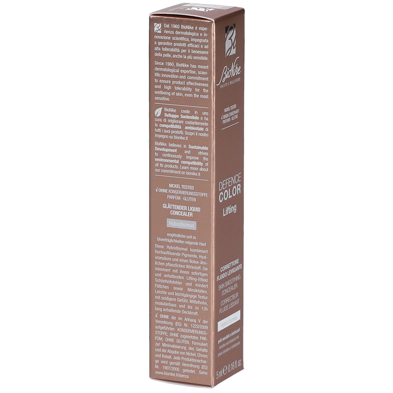 BioNike DEFENCE COLOR Lifting Lissant Flüssiger Concealer 204 BEIGE. Verpackung. Text und Logo.