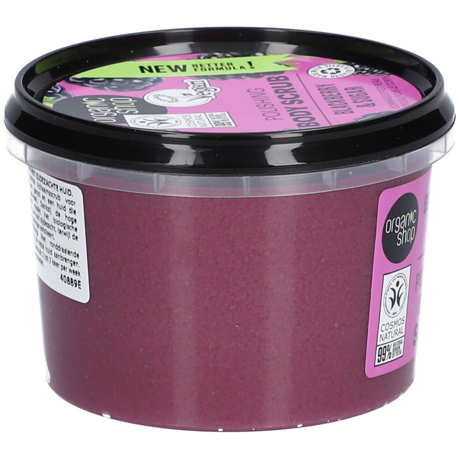 Behälter mit Körperpeeling. Aufschrift: Blackberry & Sugar, Polishing Body Scrub. Vegan, Cosmos Natural.
