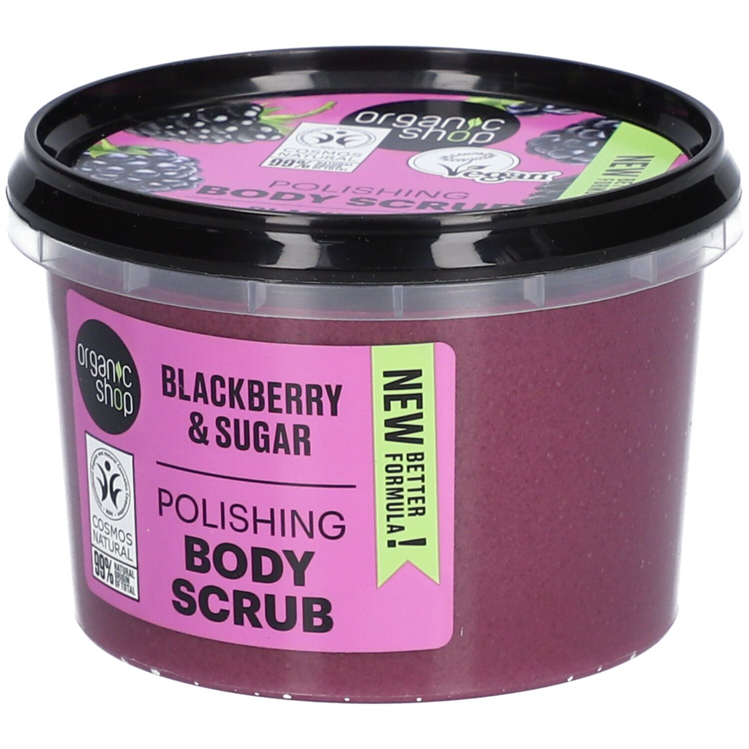 Behälter mit Körperpeeling. Aufschrift: Blackberry & Sugar, Polishing Body Scrub. Vegan, Cosmos Natural.