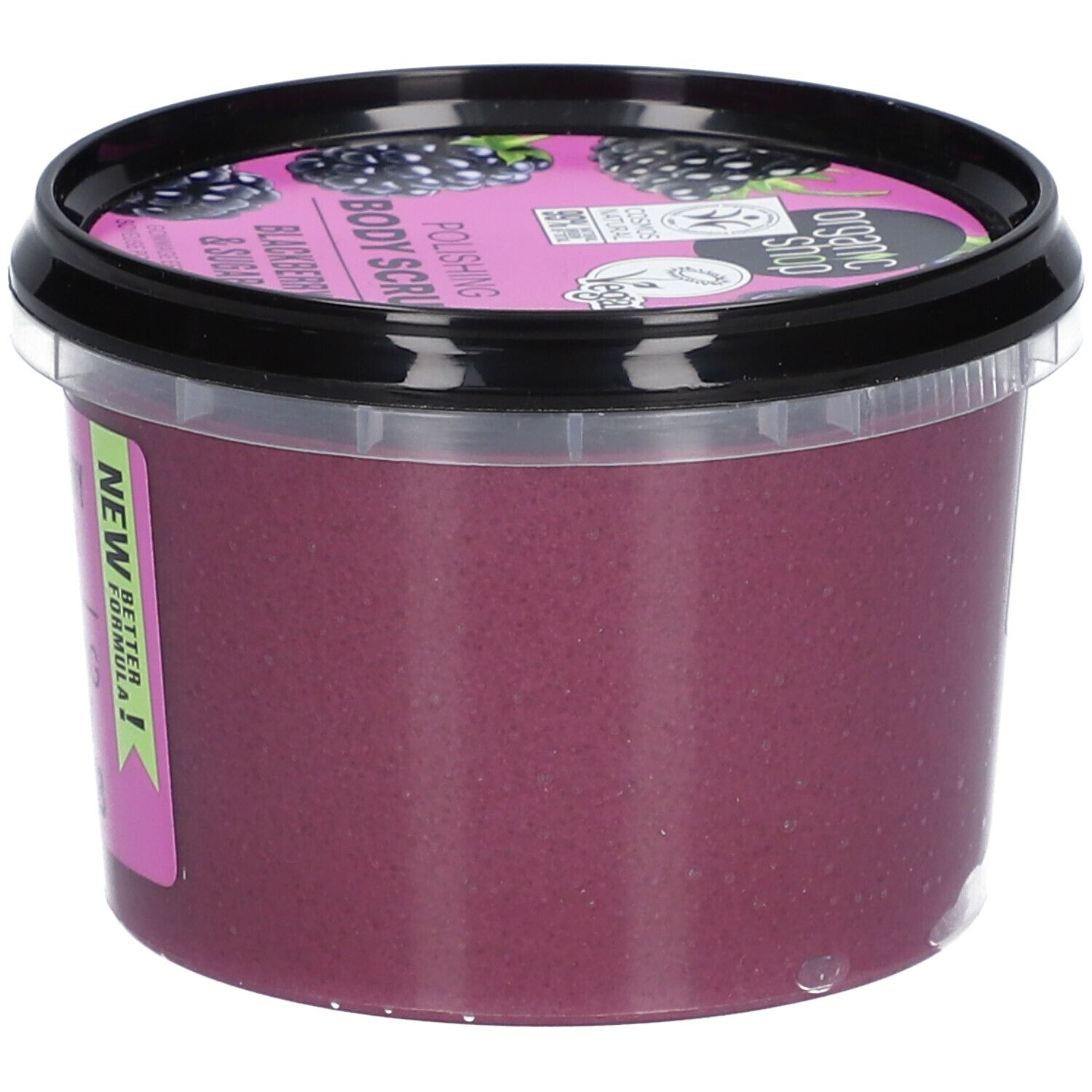 Behälter mit Körperpeeling. Aufschrift: Blackberry & Sugar, Polishing Body Scrub. Vegan, Cosmos Natural.