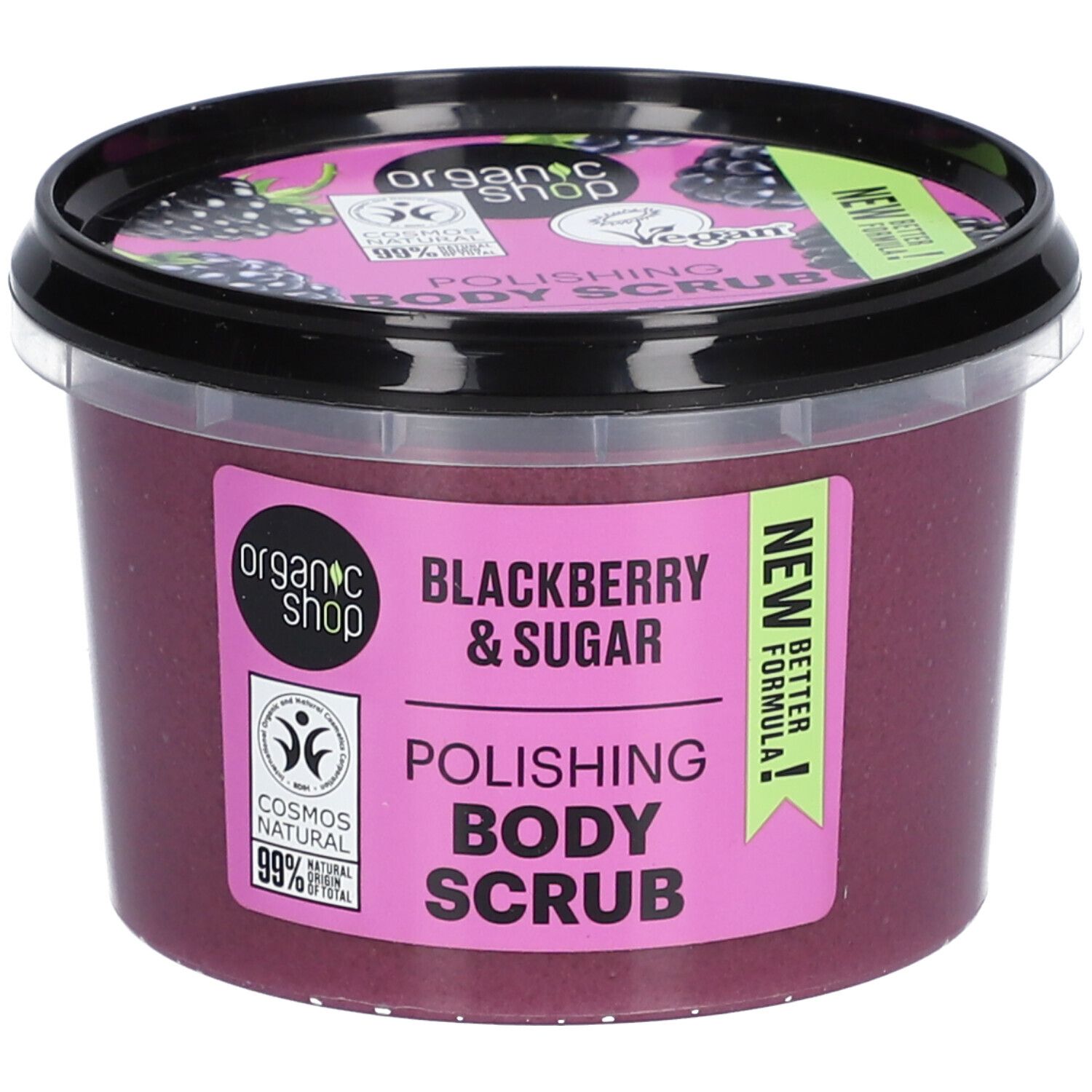 Behälter mit Körperpeeling. Aufschrift: Blackberry & Sugar, Polishing Body Scrub. Vegan, Cosmos Natural.