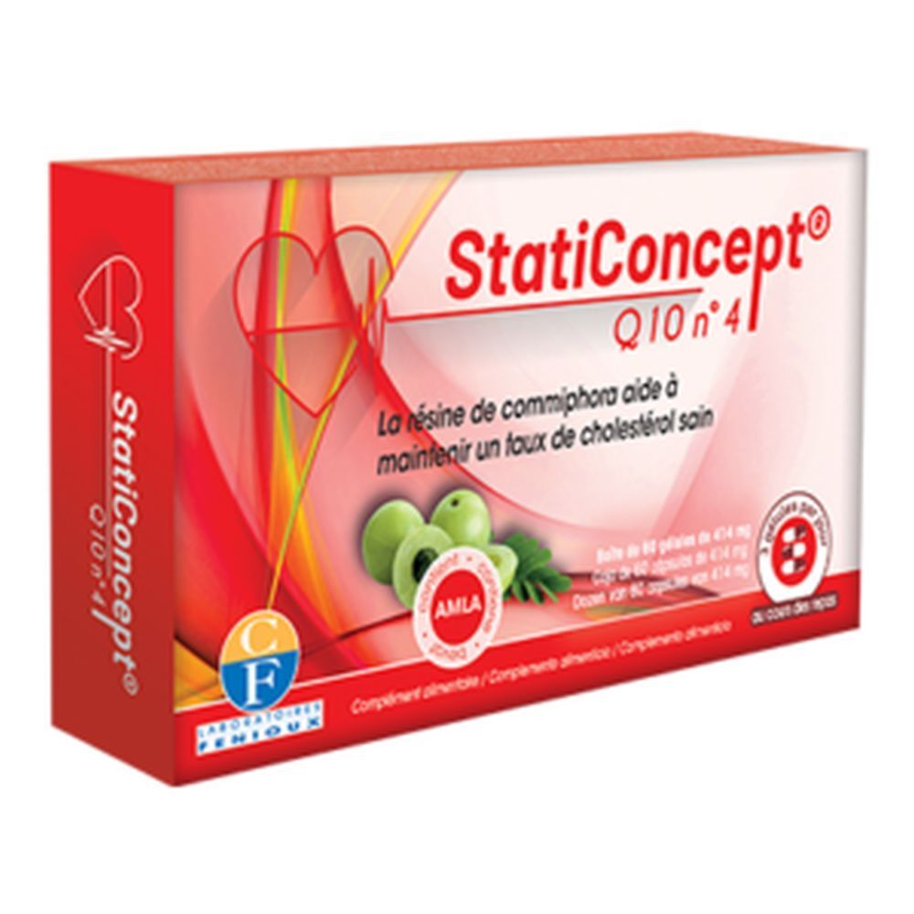 Boîte rouge "StatiConcept Q10 n°4". Contient des gélules. Inscription : "La résine de commiphora aide à maintenir un taux de cholestérol sain".