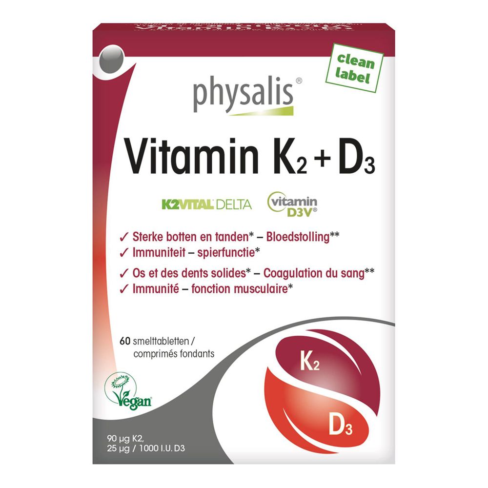 Schachtel PHYSALIS Vitamin K2 + D3. Aufschrift: Vitamin K2 + D3. 60 Tabletten. Vegan-Siegel. K2 und D3-Symbole.