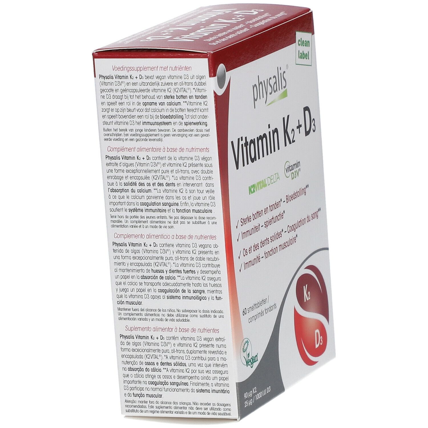 Schachtel PHYSALIS Vitamin K2 + D3, schräg. Aufschrift: Vitamin K2 + D3. 60 Tabletten. Vegan-Siegel. K2 und D3-Symbole.
