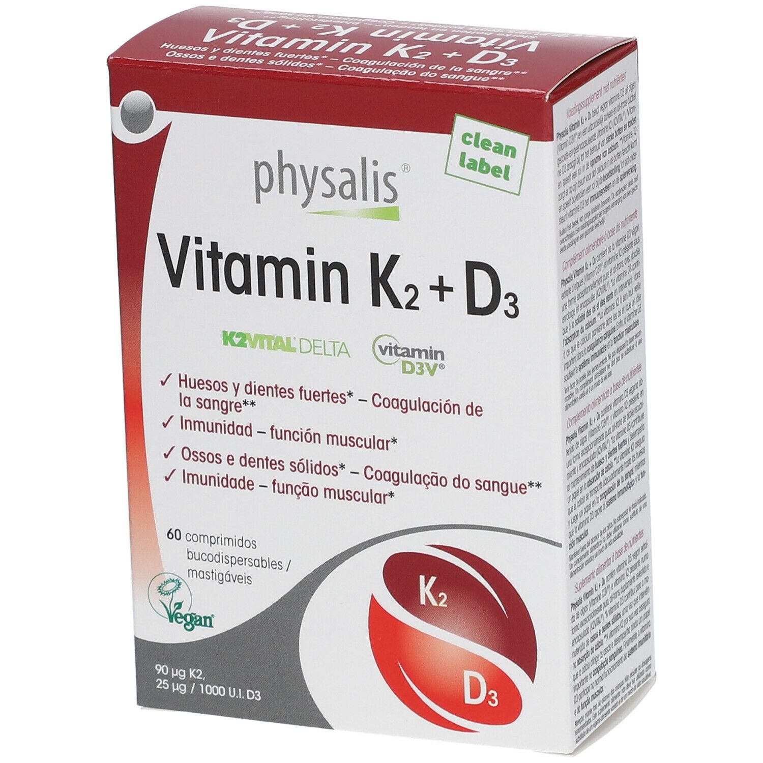 Schachtel PHYSALIS Vitamin K2 + D3. Aufschrift: Vitamin K2 + D3. 60 Tabletten. Vegan-Siegel. K2 und D3-Symbole.